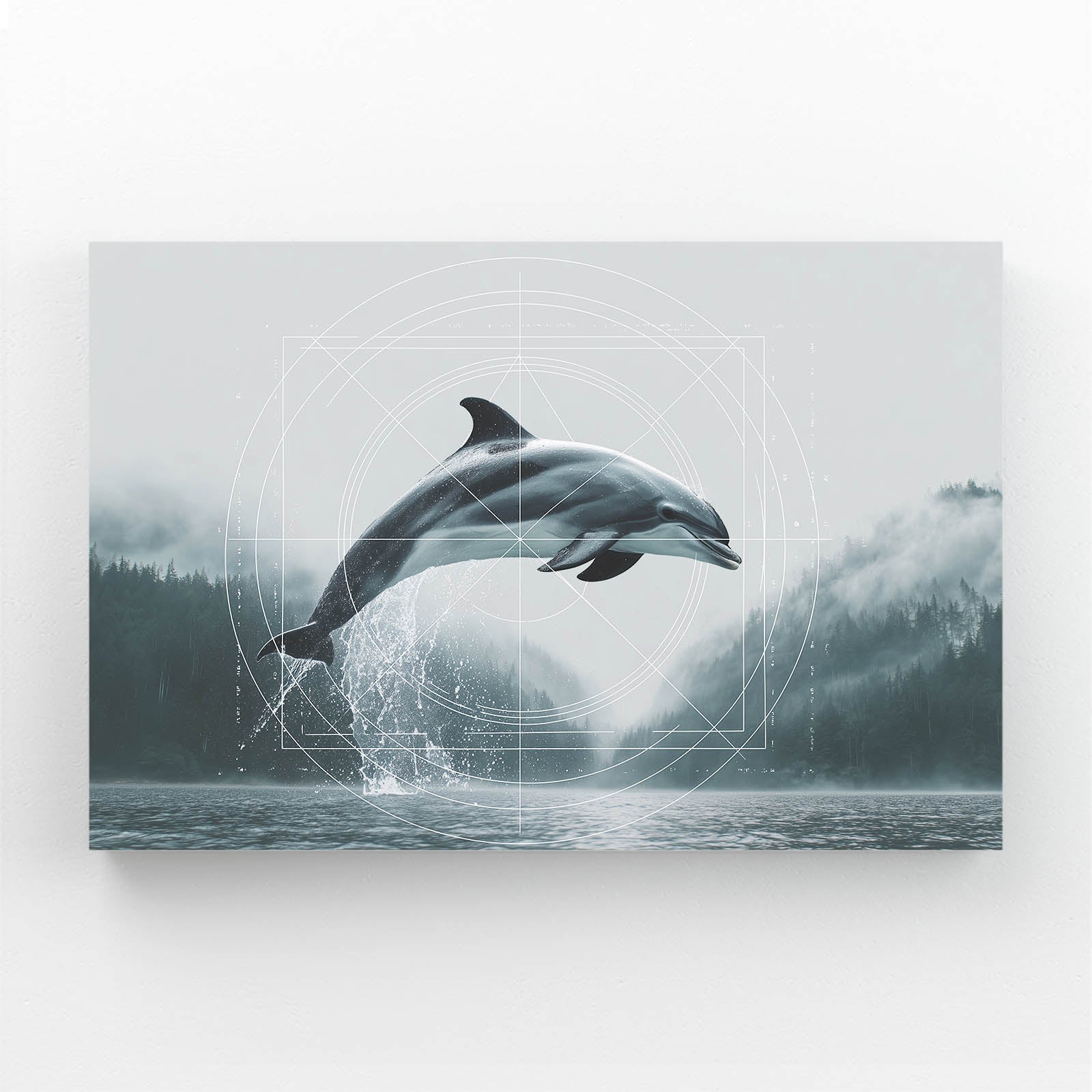 Misty Fjord Dolphin Art – dolphin leaping in a misty grey-green fjord with fine geometric line overlay