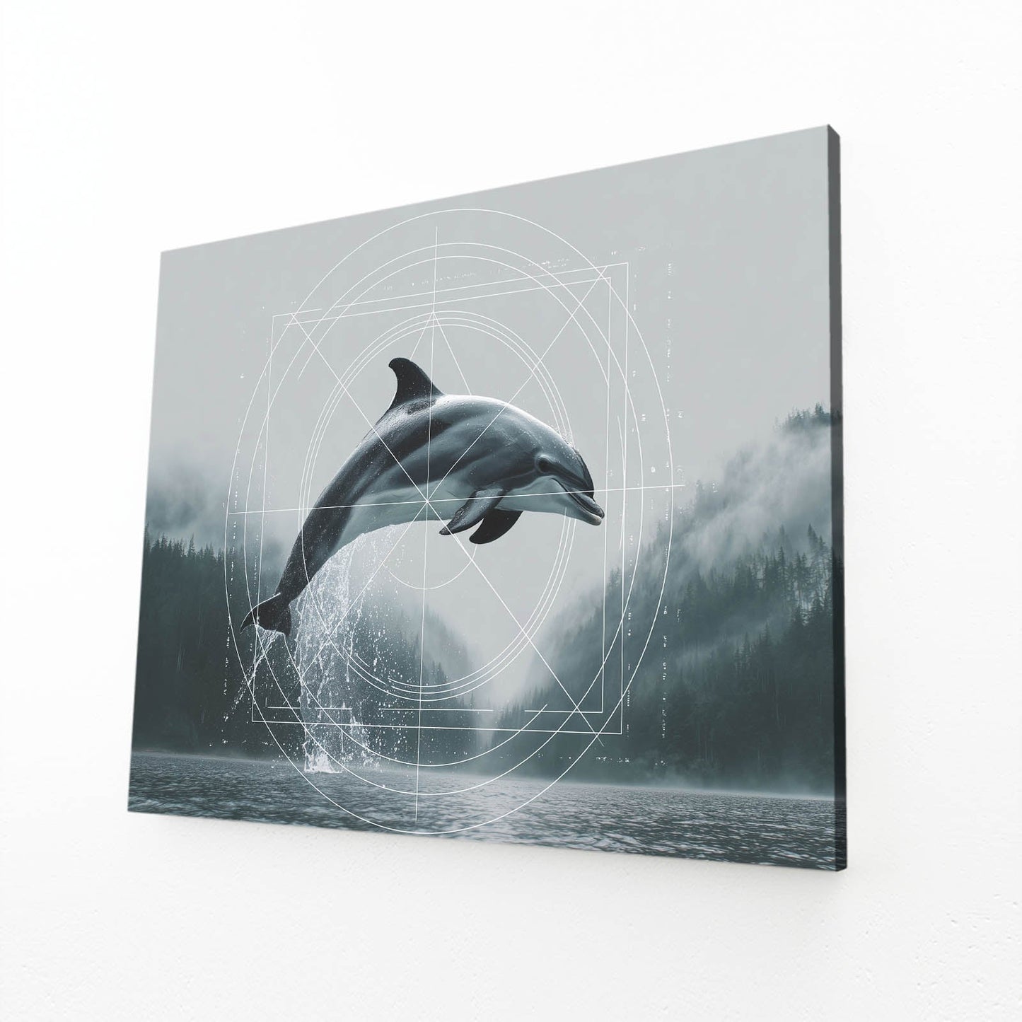 Misty Fjord Dolphin Art – angled canvas view on white background
