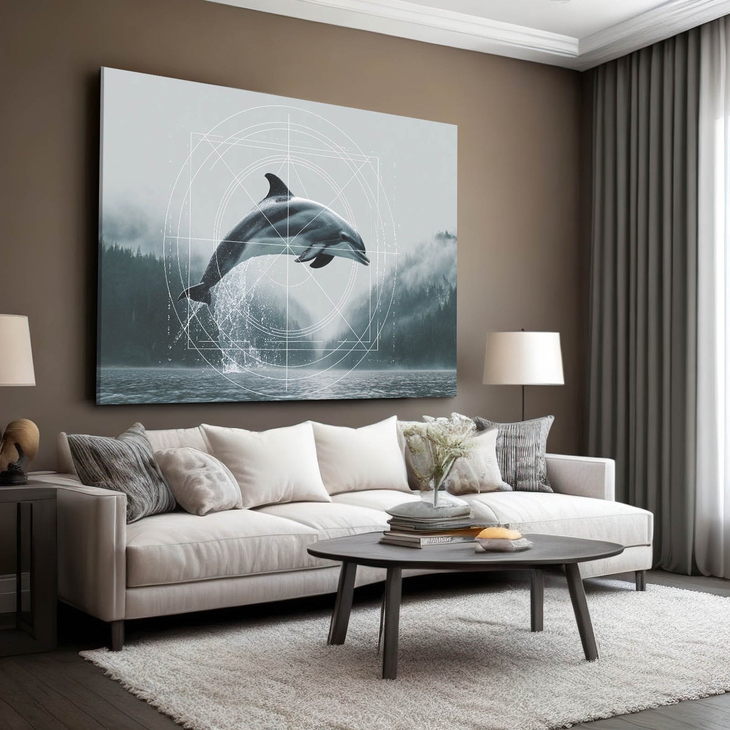 Misty Fjord Dolphin Art – styled in a furnished interior