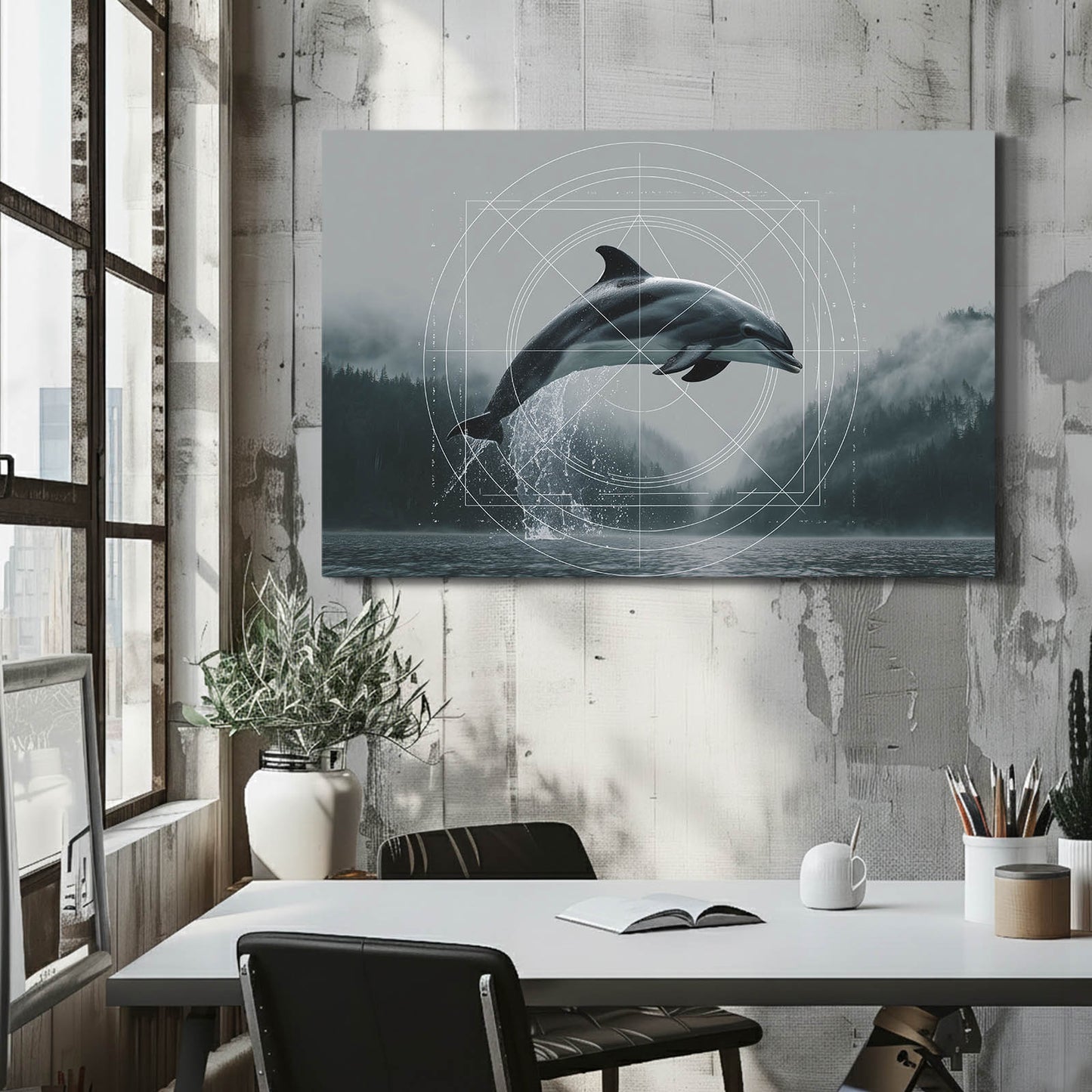 Misty Fjord Dolphin Art – styled in a furnished interior