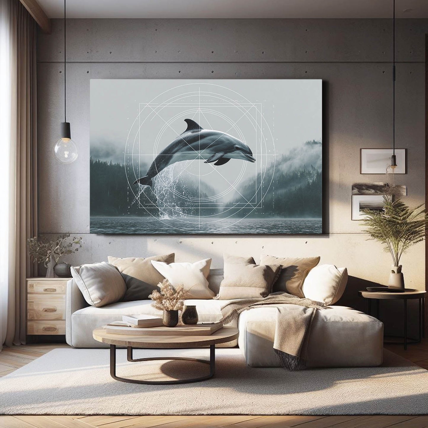 Misty Fjord Dolphin Art – styled in a furnished interior