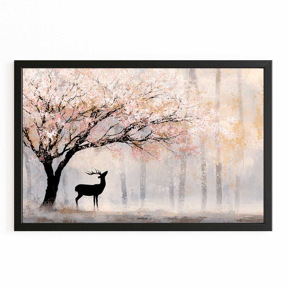 Misty Forest Deer Cherry Blossom Art – with Premium Black frame on white background