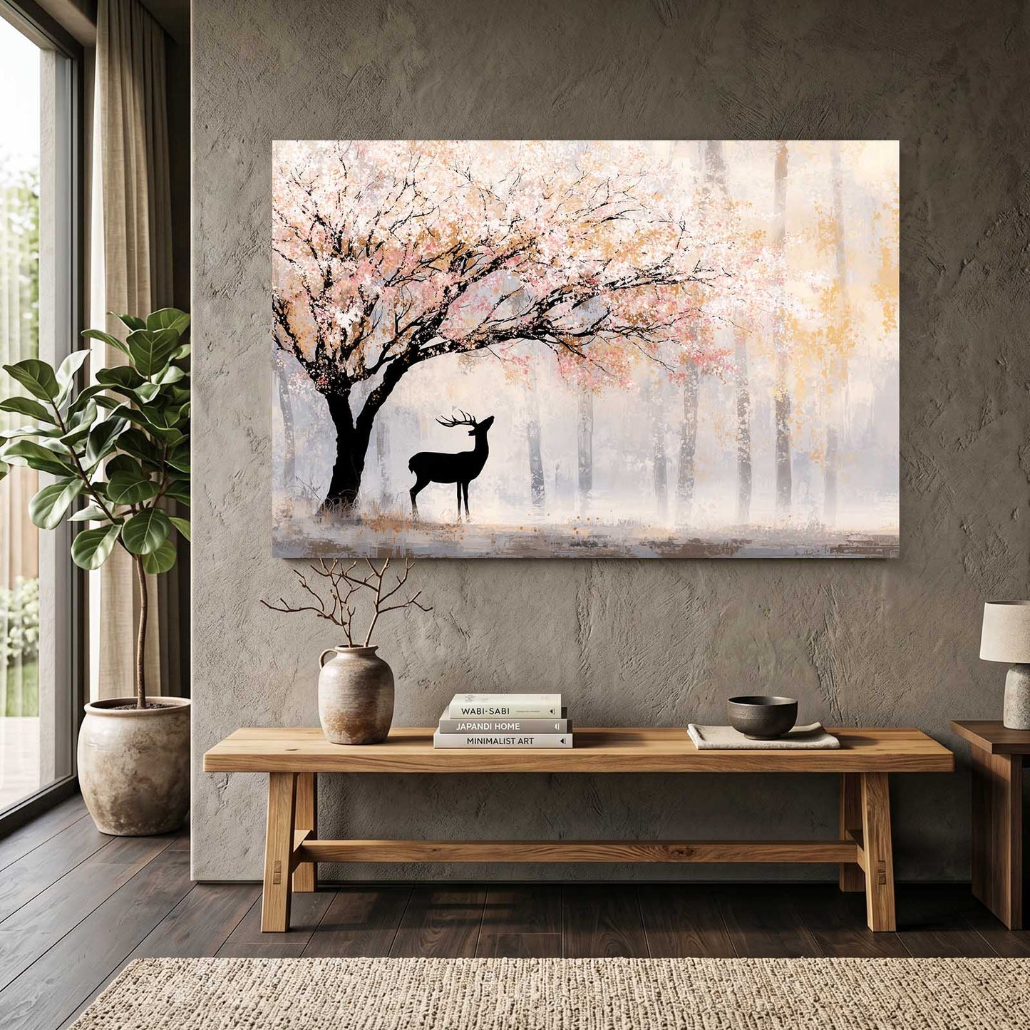 Misty Forest Deer Cherry Blossom Art – styled in a furnished interior
