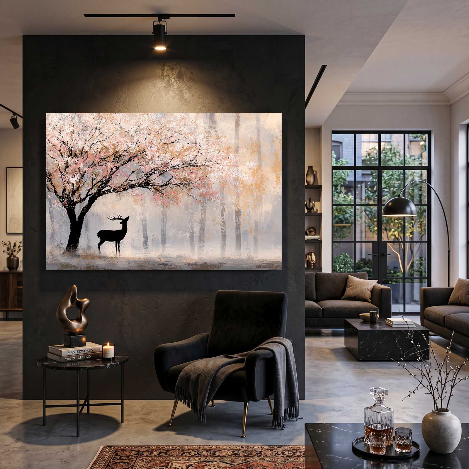Misty Forest Deer Cherry Blossom Art – styled in a furnished interior