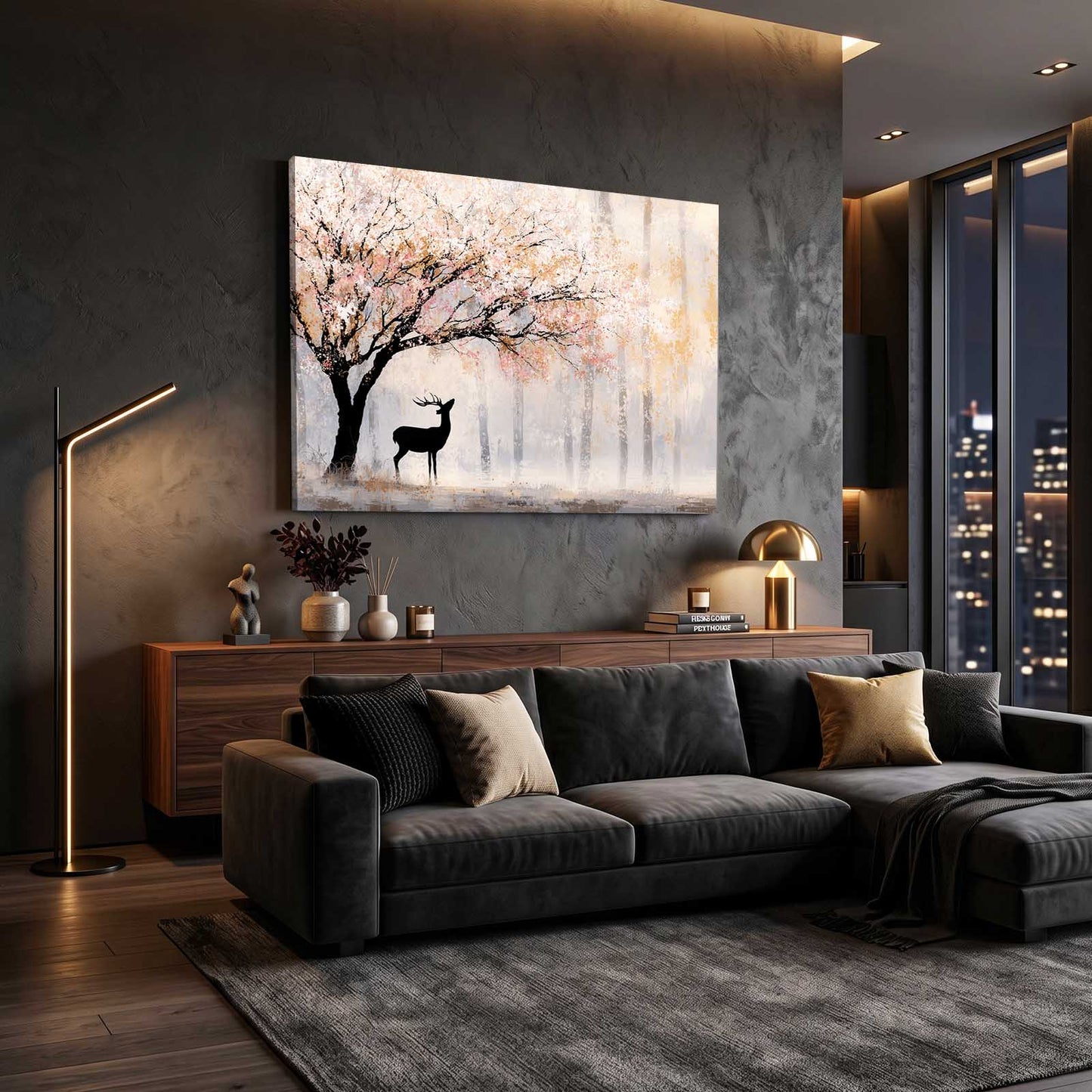 Misty Forest Deer Cherry Blossom Art – styled in a furnished interior