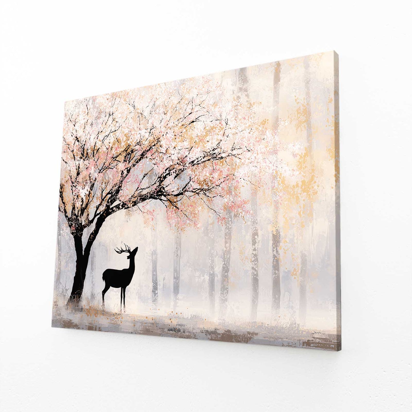 Misty Forest Deer Cherry Blossom Art – angled canvas view on white background