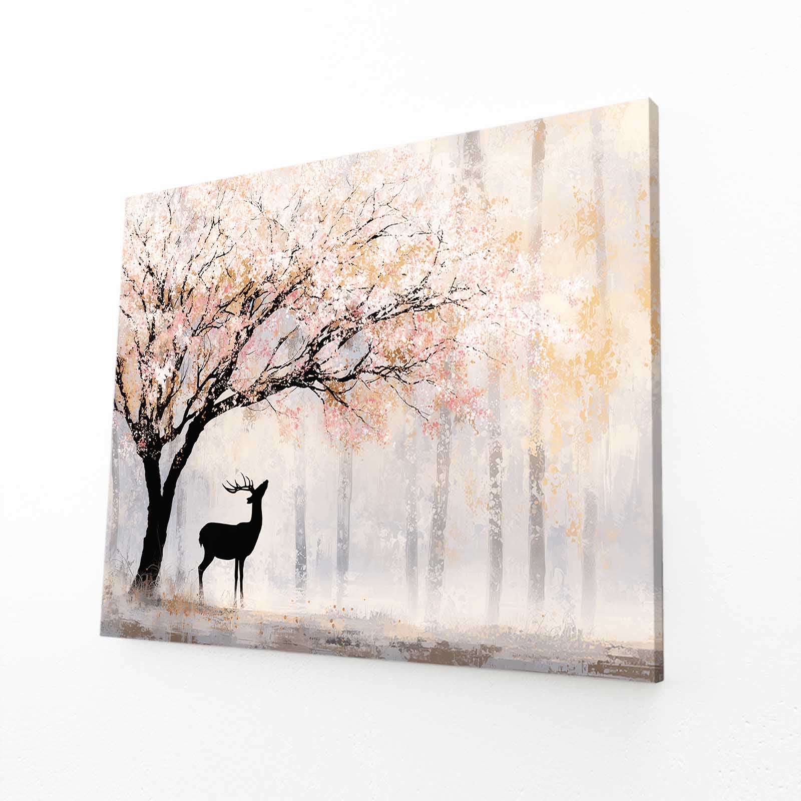 Misty Forest Deer Cherry Blossom Art – angled canvas view on white background