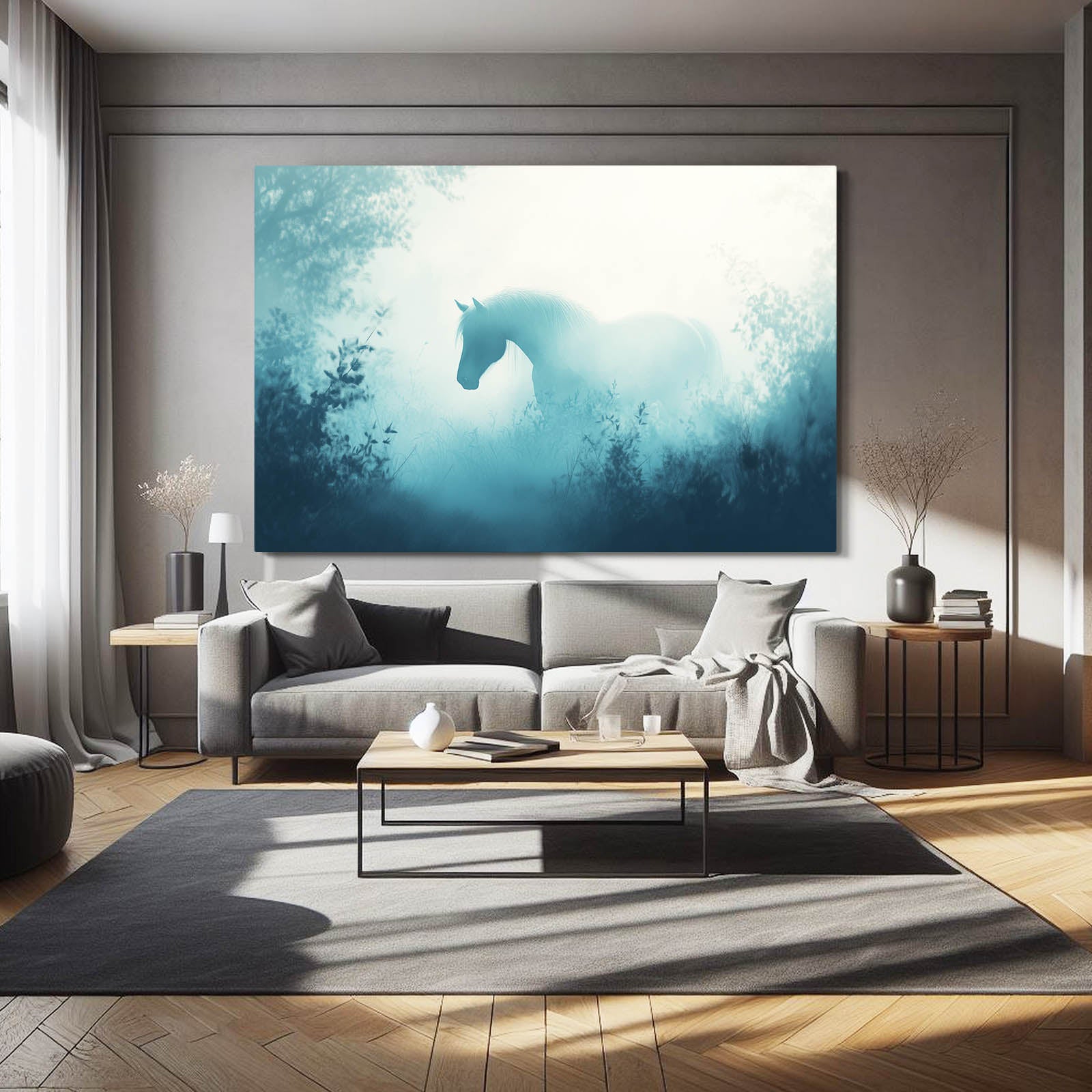 Misty Forest Fade Horse Art — contemporary canvas print, styled in a furnished interior