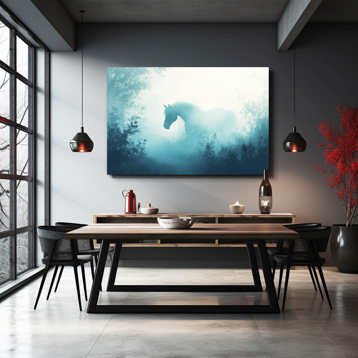 Misty Forest Fade Horse Art — contemporary canvas print, styled in a furnished interior