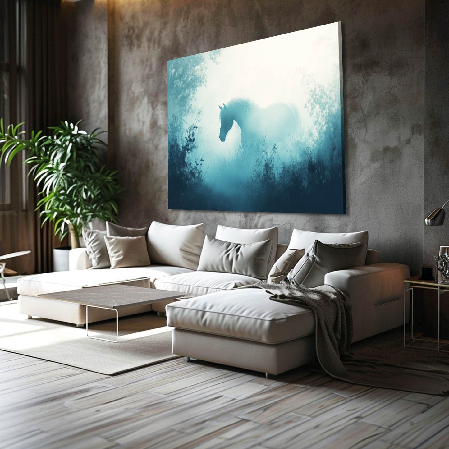 Misty Forest Fade Horse Art — contemporary canvas print, styled in a furnished interior
