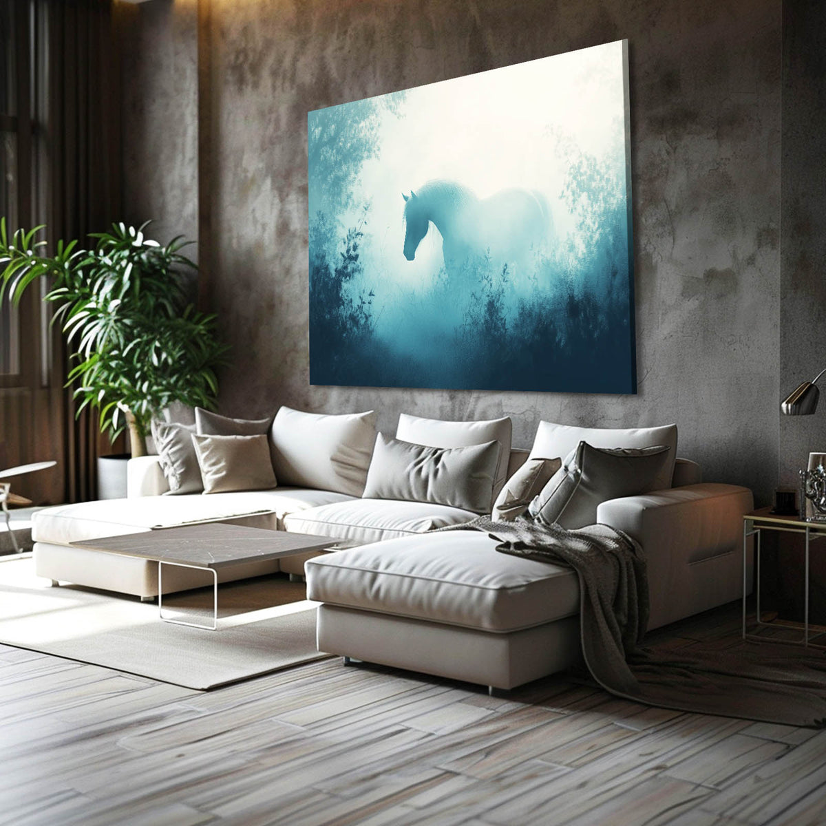 Misty Forest Fade Horse Art — contemporary canvas print, styled in a furnished interior