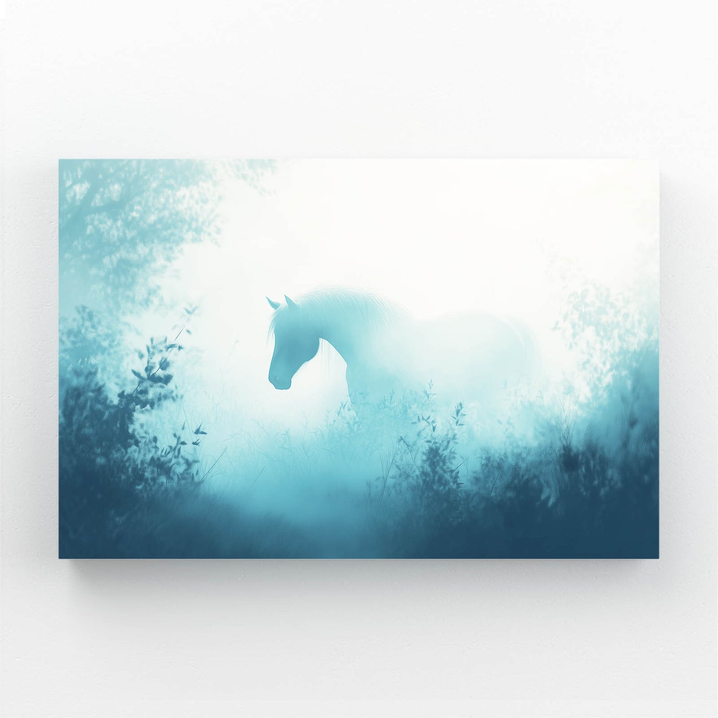 Misty Forest Fade Horse Art — contemporary canvas print, angled canvas view on white background