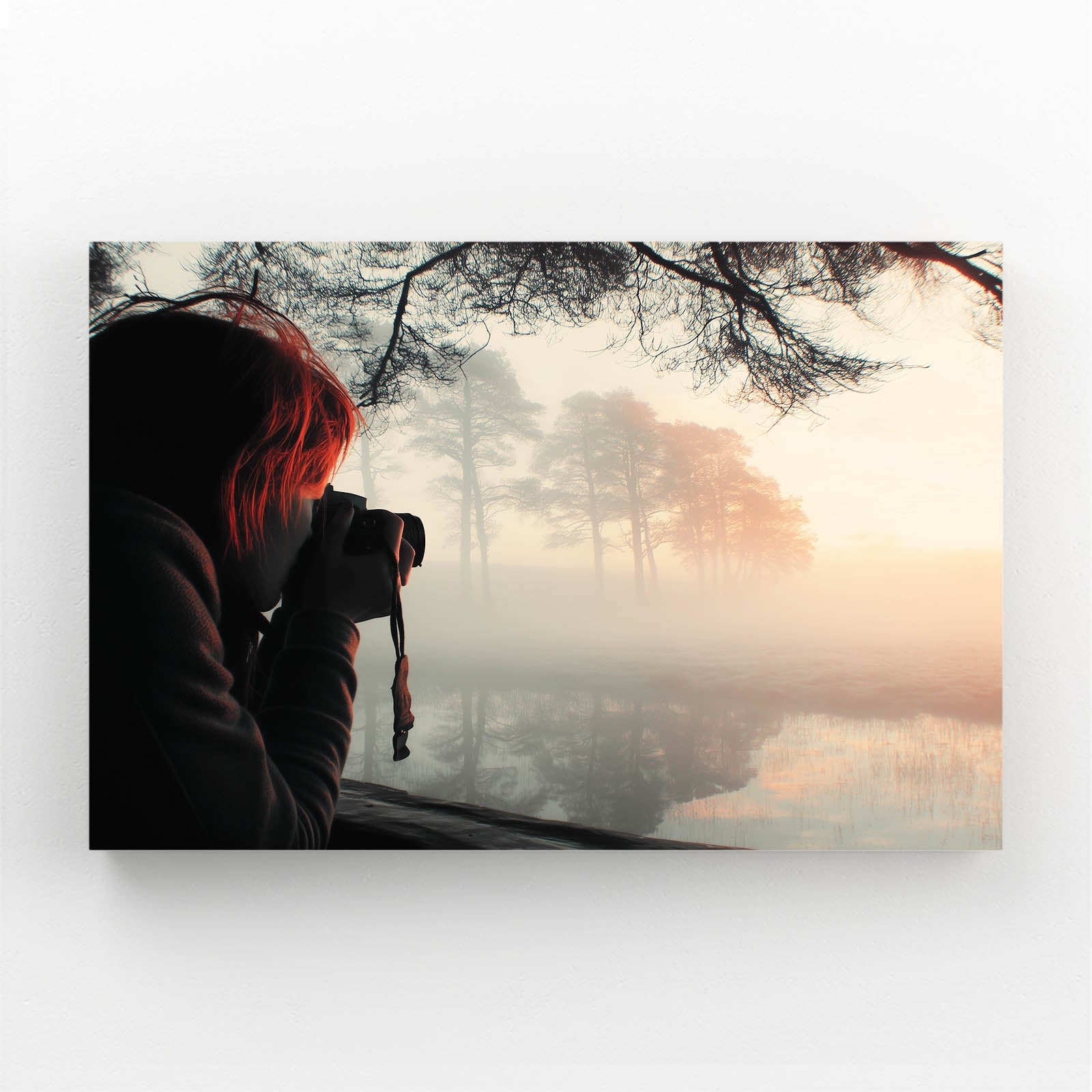 Misty Forest Photography Wall Decor – photographer standing among fog-wrapped pine trees