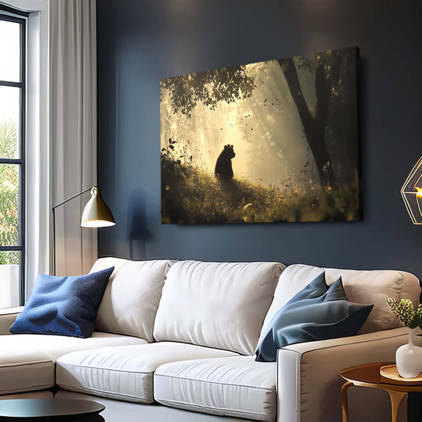 Misty Forest Silhouette Bear Canvas — contemporary canvas print, styled in a furnished interior