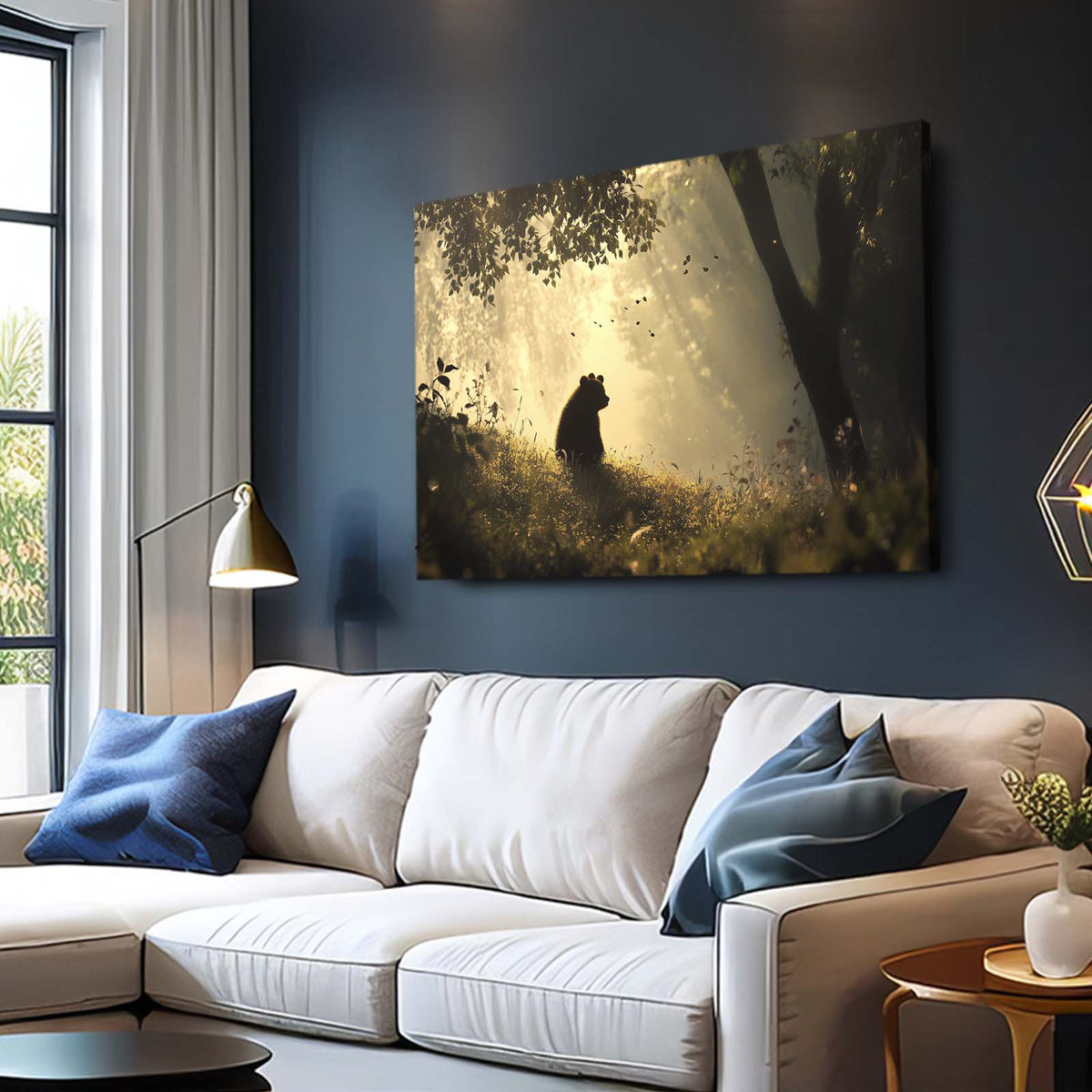 Misty Forest Silhouette Bear Canvas — contemporary canvas print, styled in a furnished interior