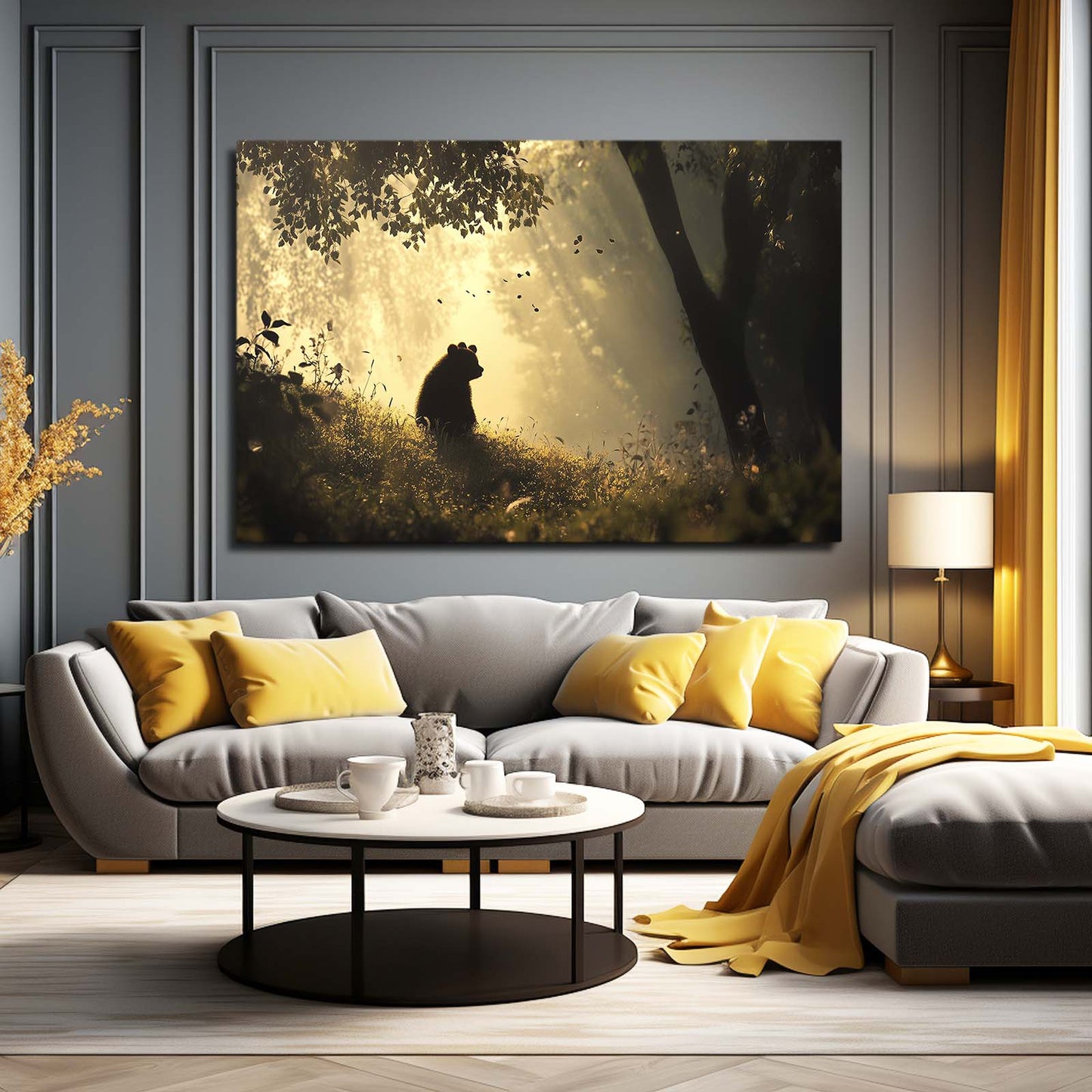 Misty Forest Silhouette Bear Canvas — contemporary canvas print, styled in a furnished interior