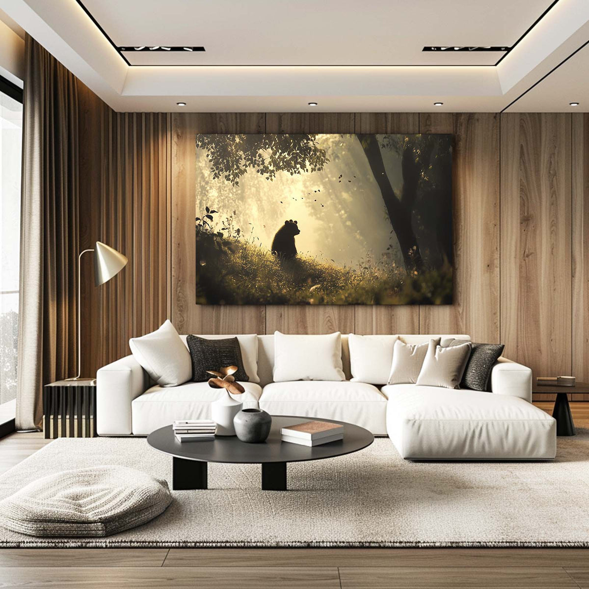 Misty Forest Silhouette Bear Canvas — contemporary canvas print, styled in a furnished interior