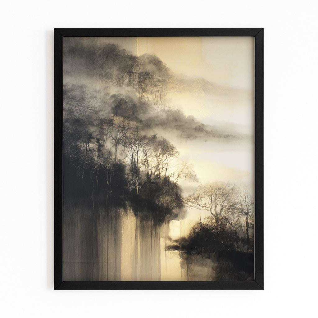 Misty Gold Forest Prints – with Premium Black frame on white background