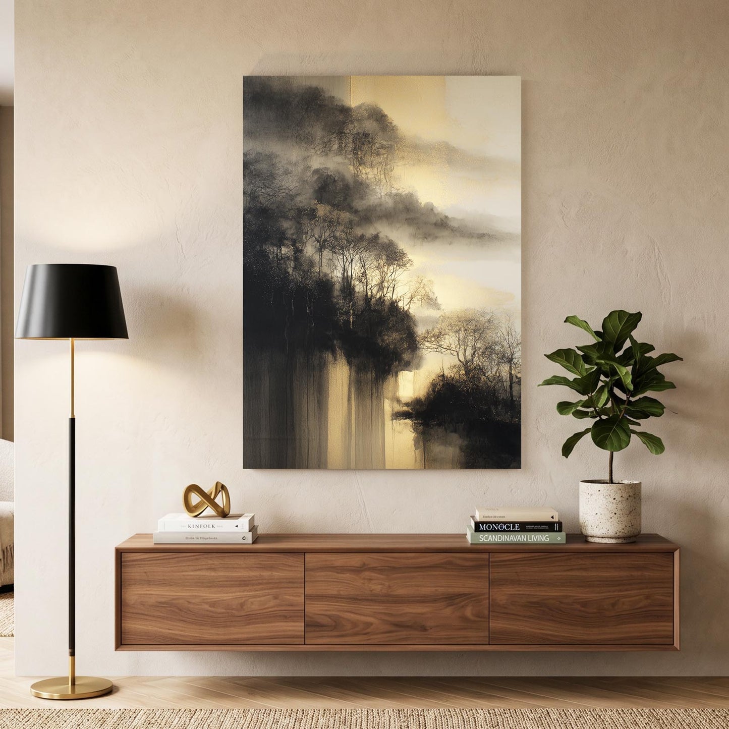 Misty Gold Forest Prints – styled in a furnished interior