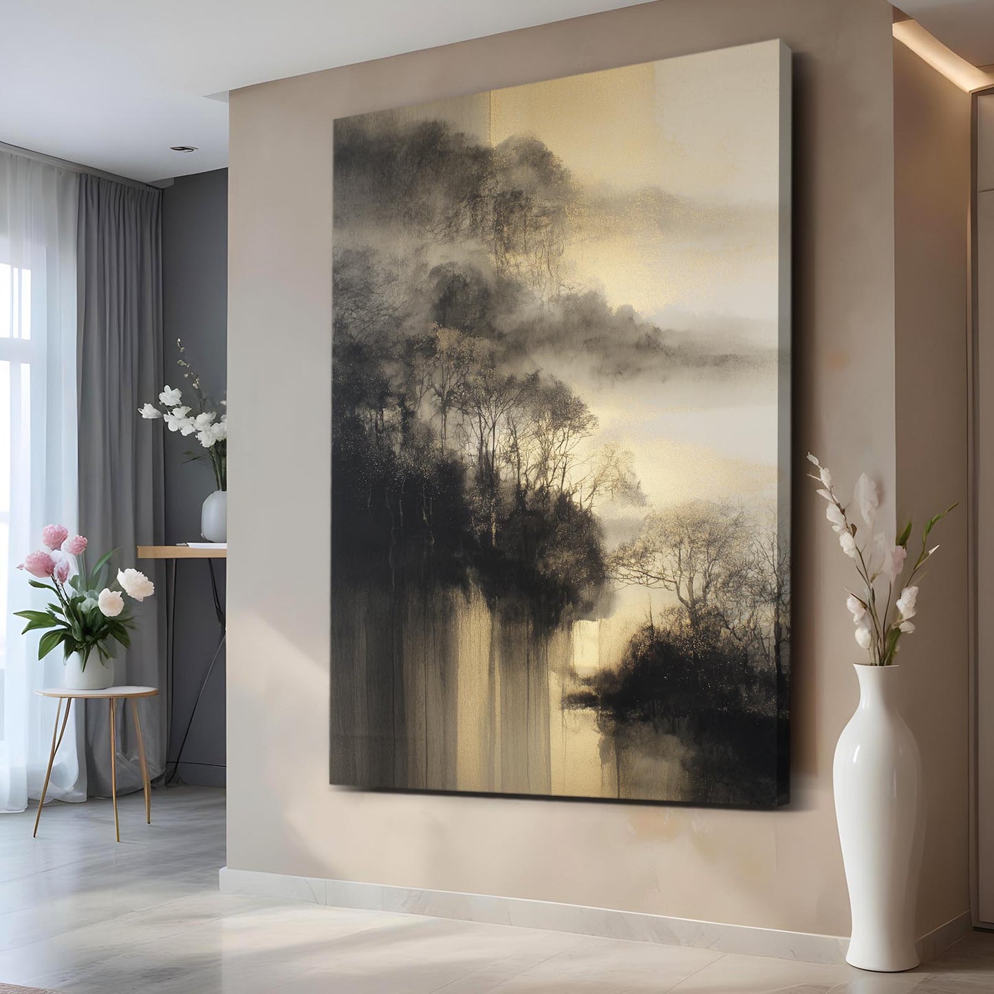 Misty Gold Forest Prints – styled in a furnished interior