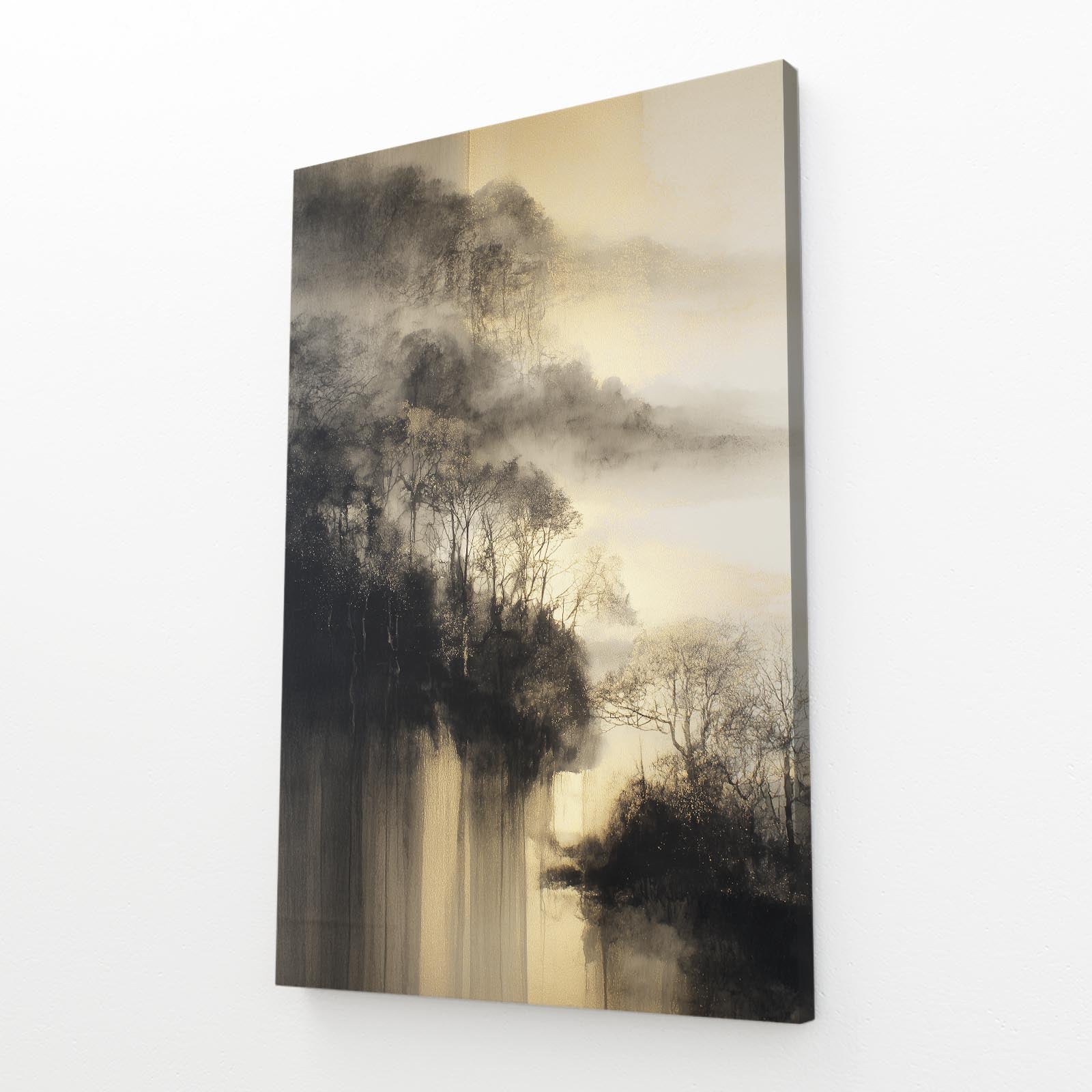 Misty Gold Forest Prints – angled canvas view on white background