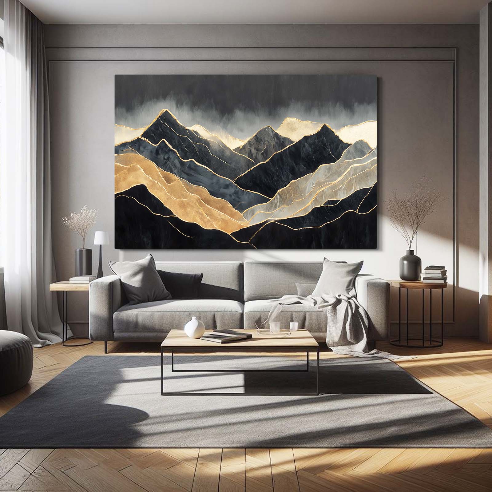 Misty Gold Ridge Wall Art – styled in a furnished interior