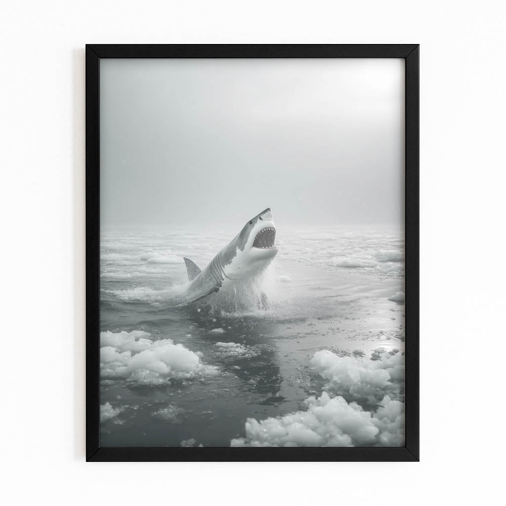 Misty Grayscale Breach Shark Wall Decor – with Premium Black frame on white background