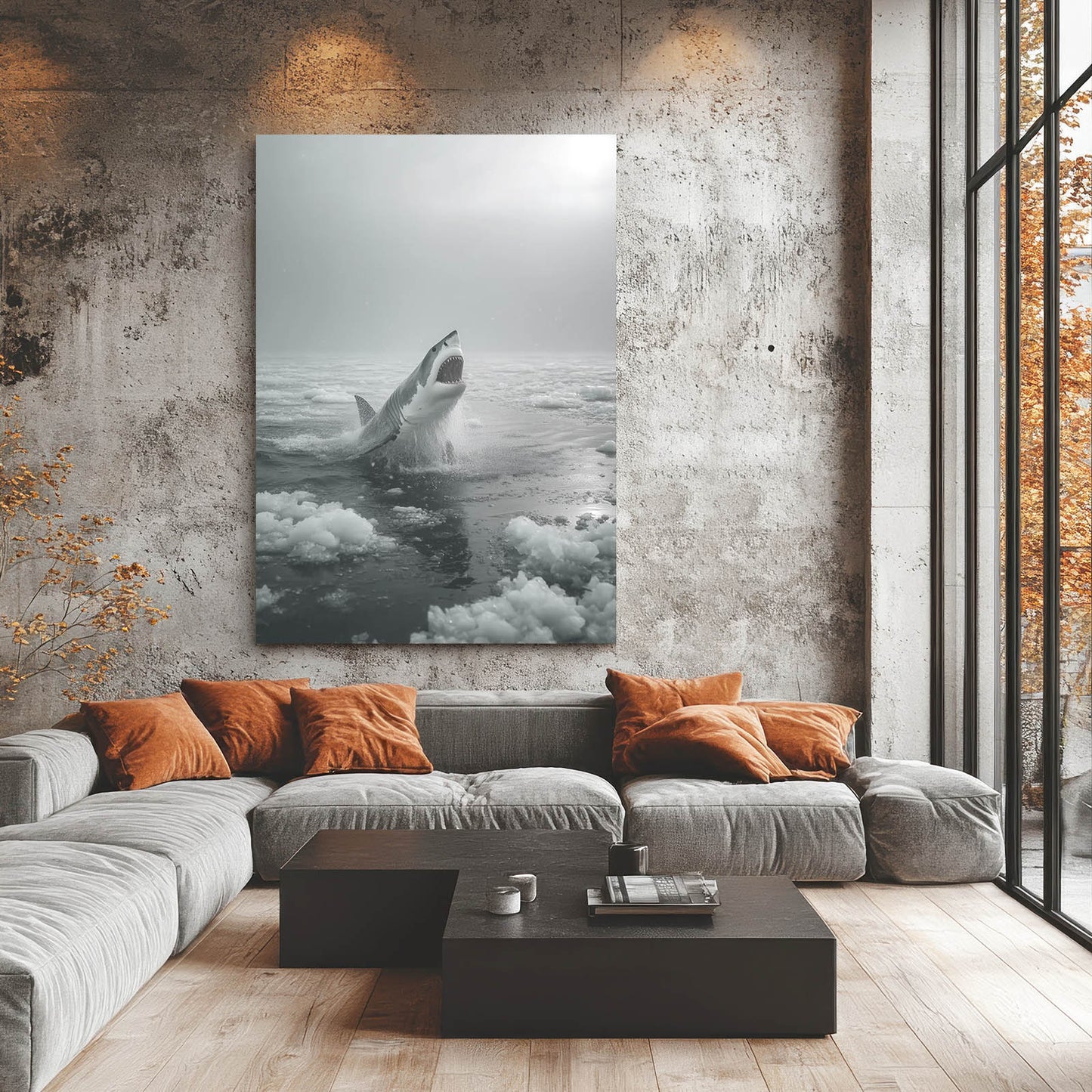 Misty Grayscale Breach Shark Wall Decor – styled in a furnished interior
