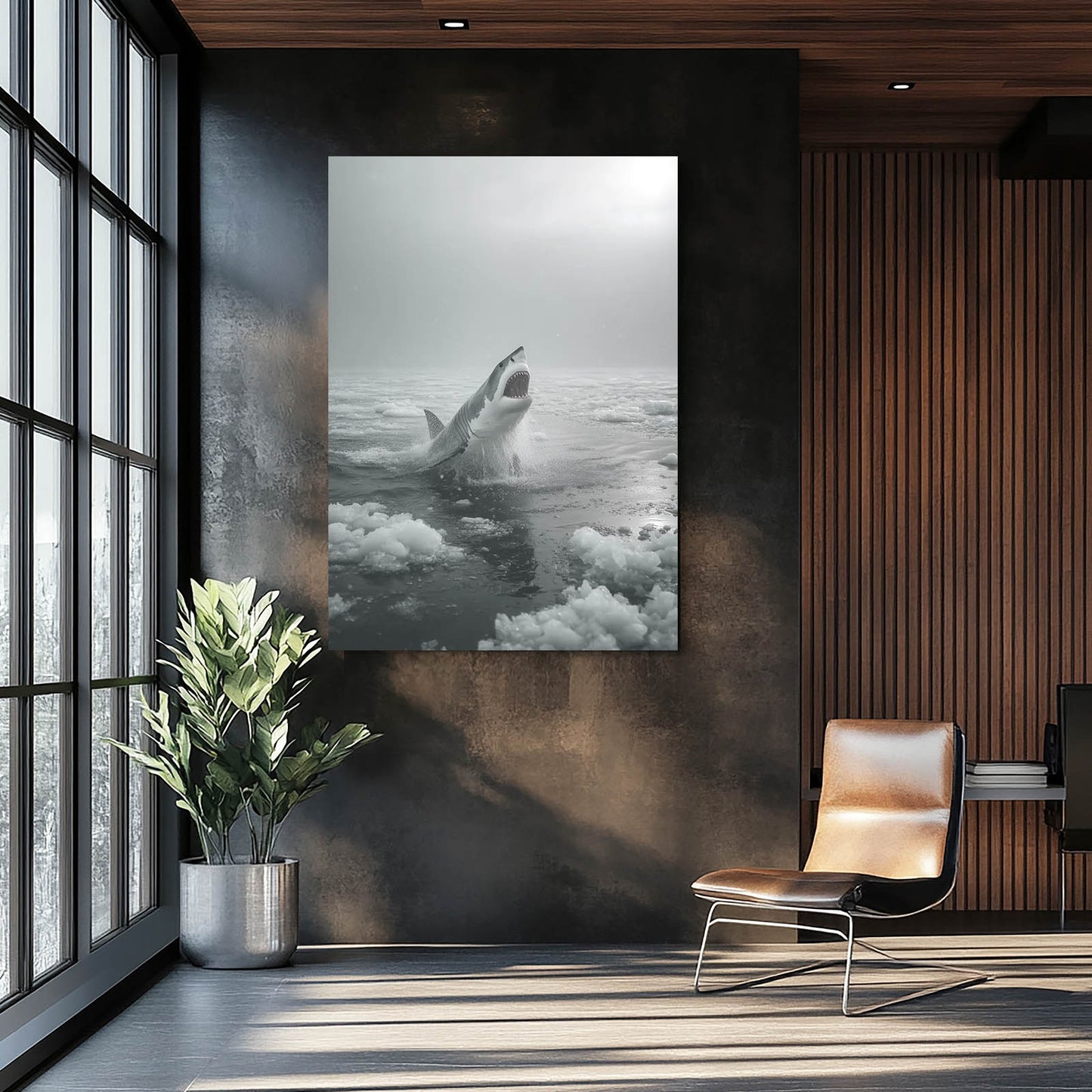 Misty Grayscale Breach Shark Wall Decor – styled in a furnished interior