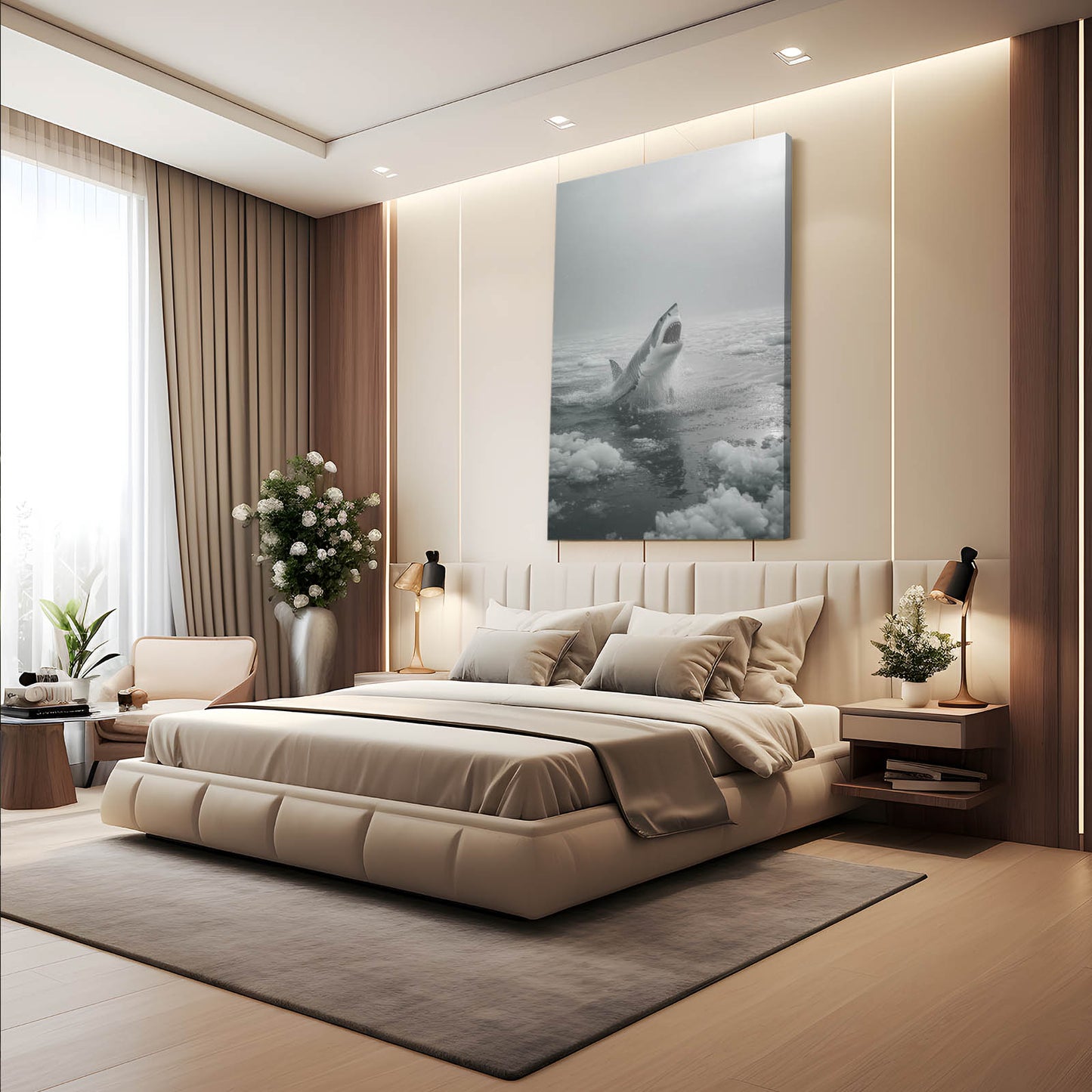 Misty Grayscale Breach Shark Wall Decor – styled in a furnished interior