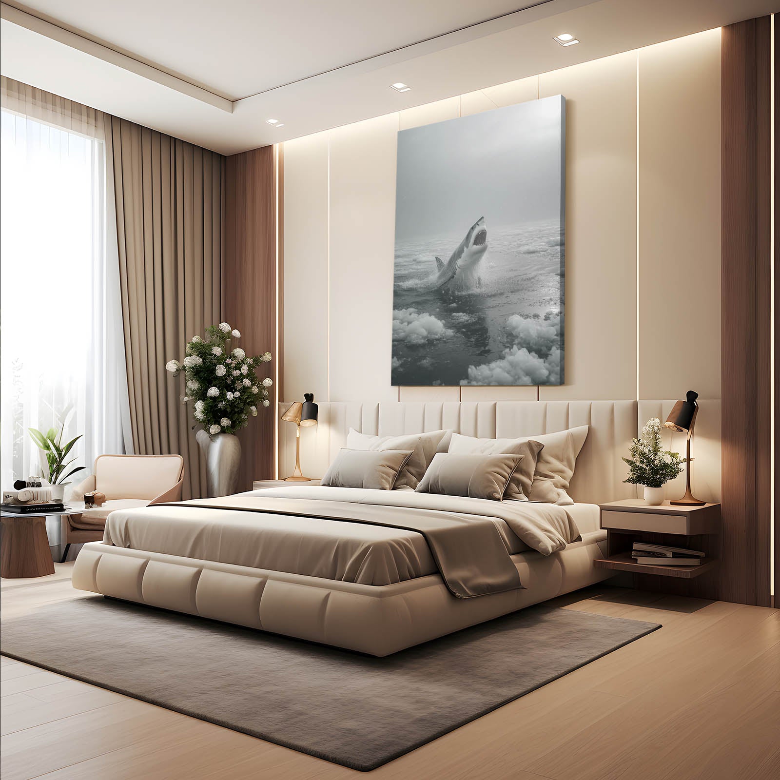 Misty Grayscale Breach Shark Wall Decor – styled in a furnished interior