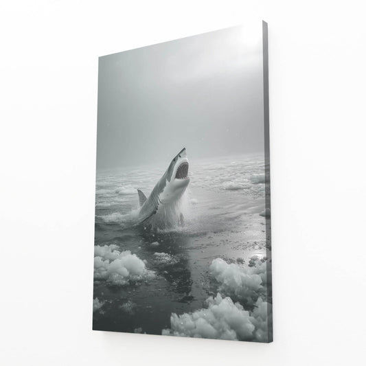 Misty Grayscale Breach Shark Wall Decor – angled canvas view on white background