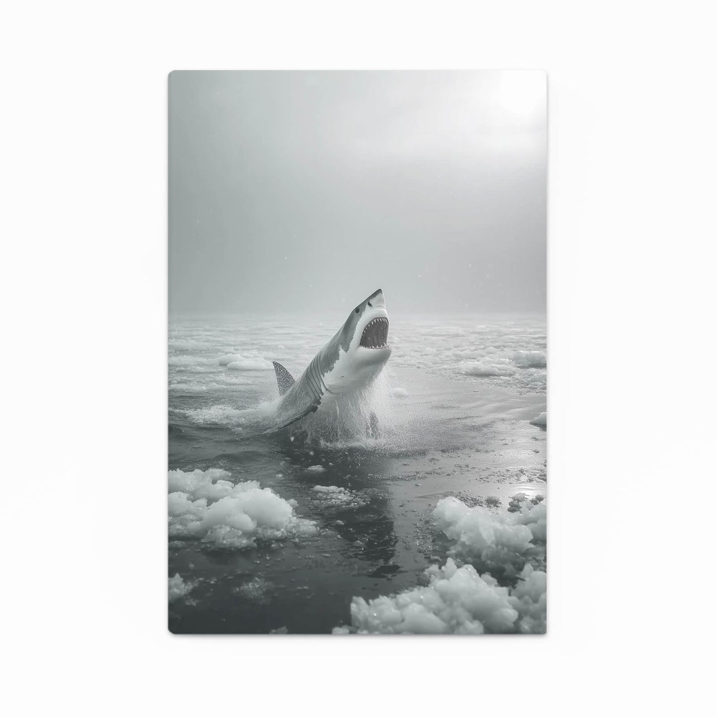 Misty Grayscale Breach Shark Wall Decor – angled canvas view on white background
