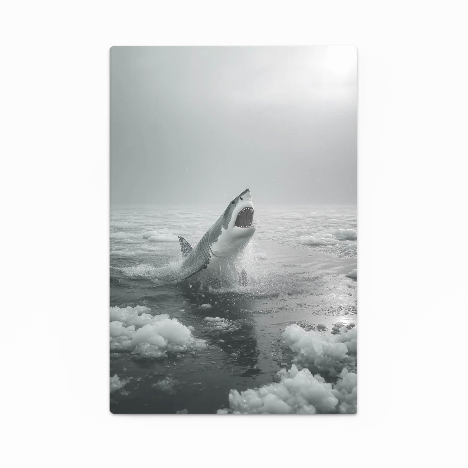 Misty Grayscale Breach Shark Wall Decor – angled canvas view on white background