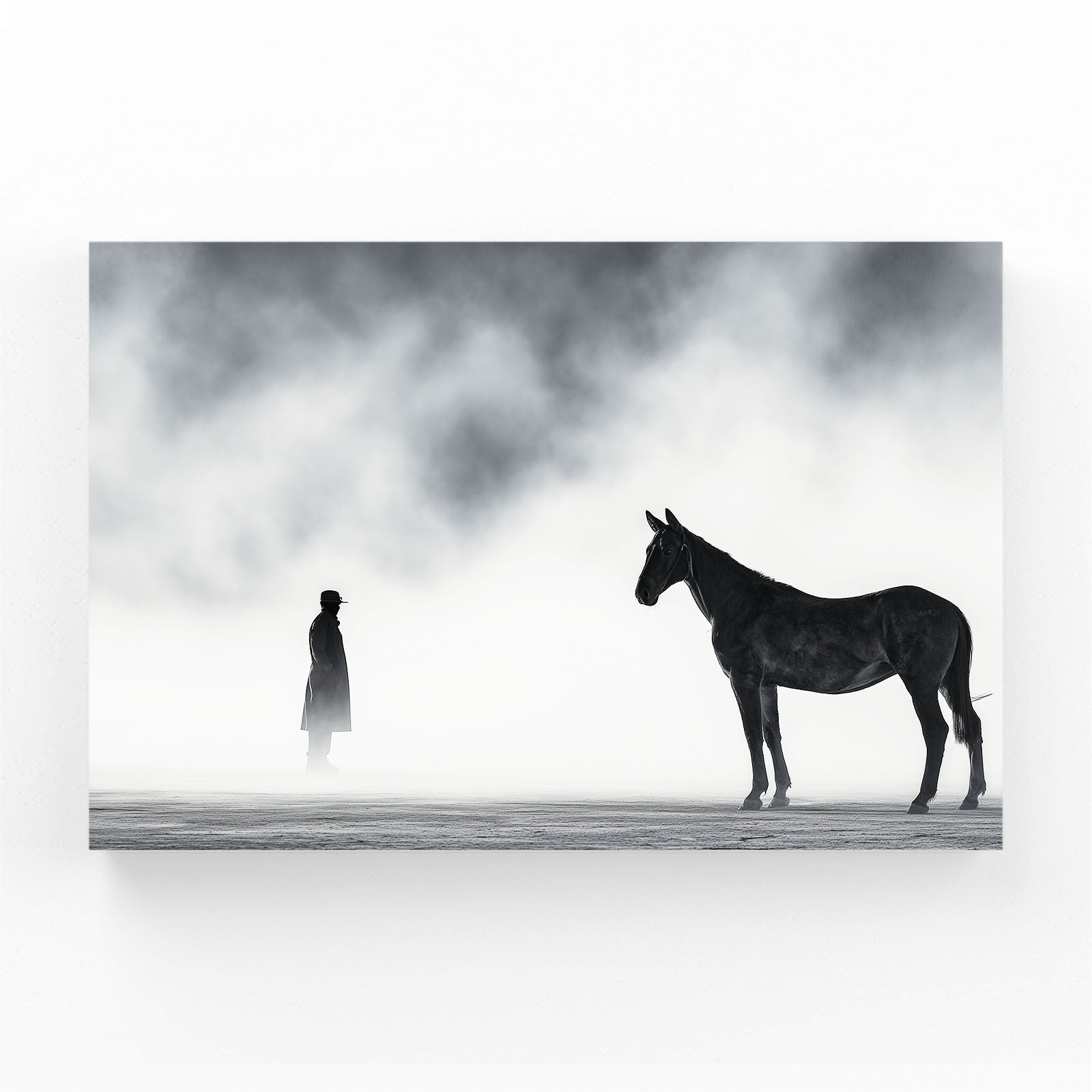 Misty Horse Photography Prints – dark horse and cloaked figure in white mist