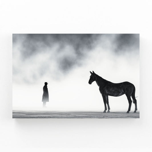 Misty Horse Photography Prints – dark horse and cloaked figure in white mist