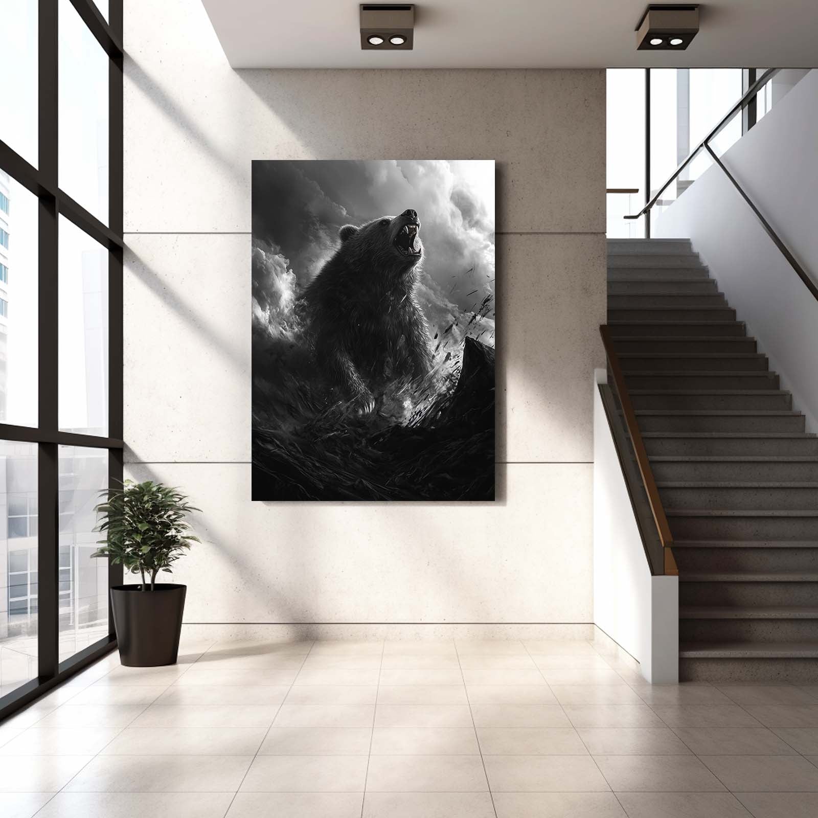 Misty Mountain Roar Bear Wall Decor — photography canvas print, styled in a furnished interior
