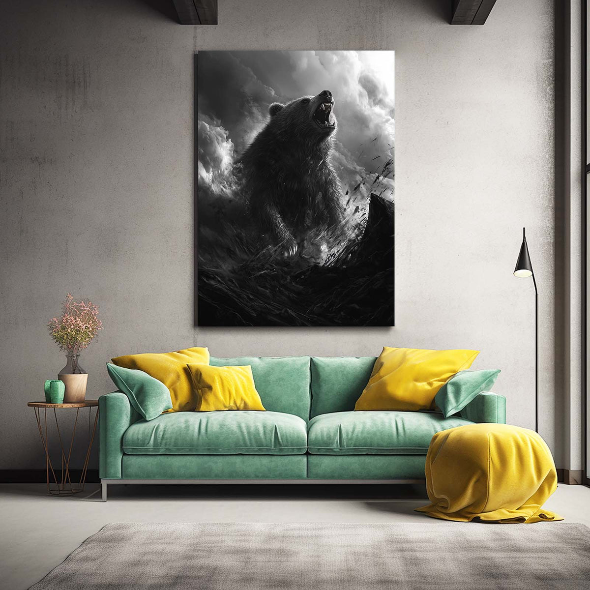 Misty Mountain Roar Bear Wall Decor — photography canvas print, styled in a furnished interior