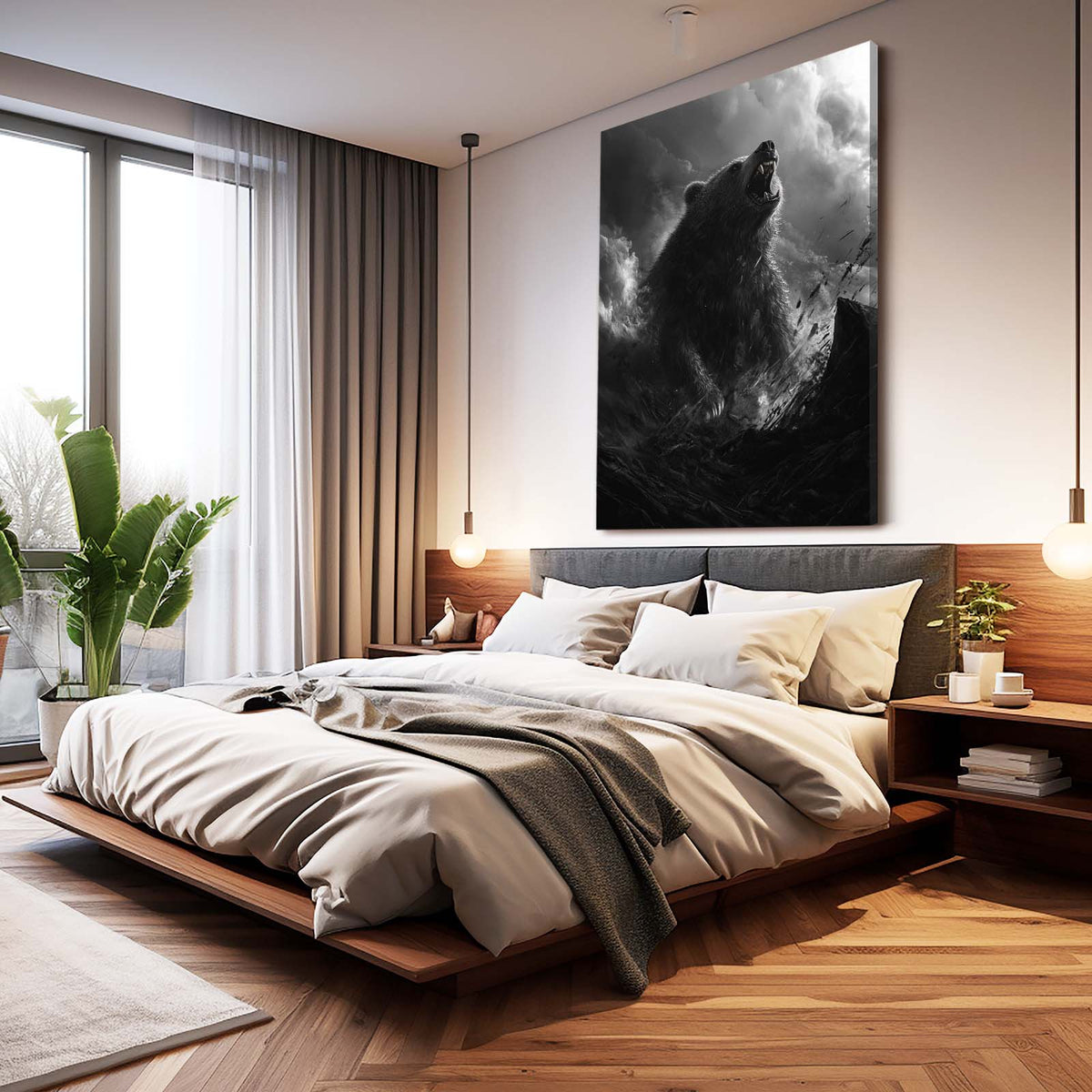 Misty Mountain Roar Bear Wall Decor — photography canvas print, styled in a furnished interior
