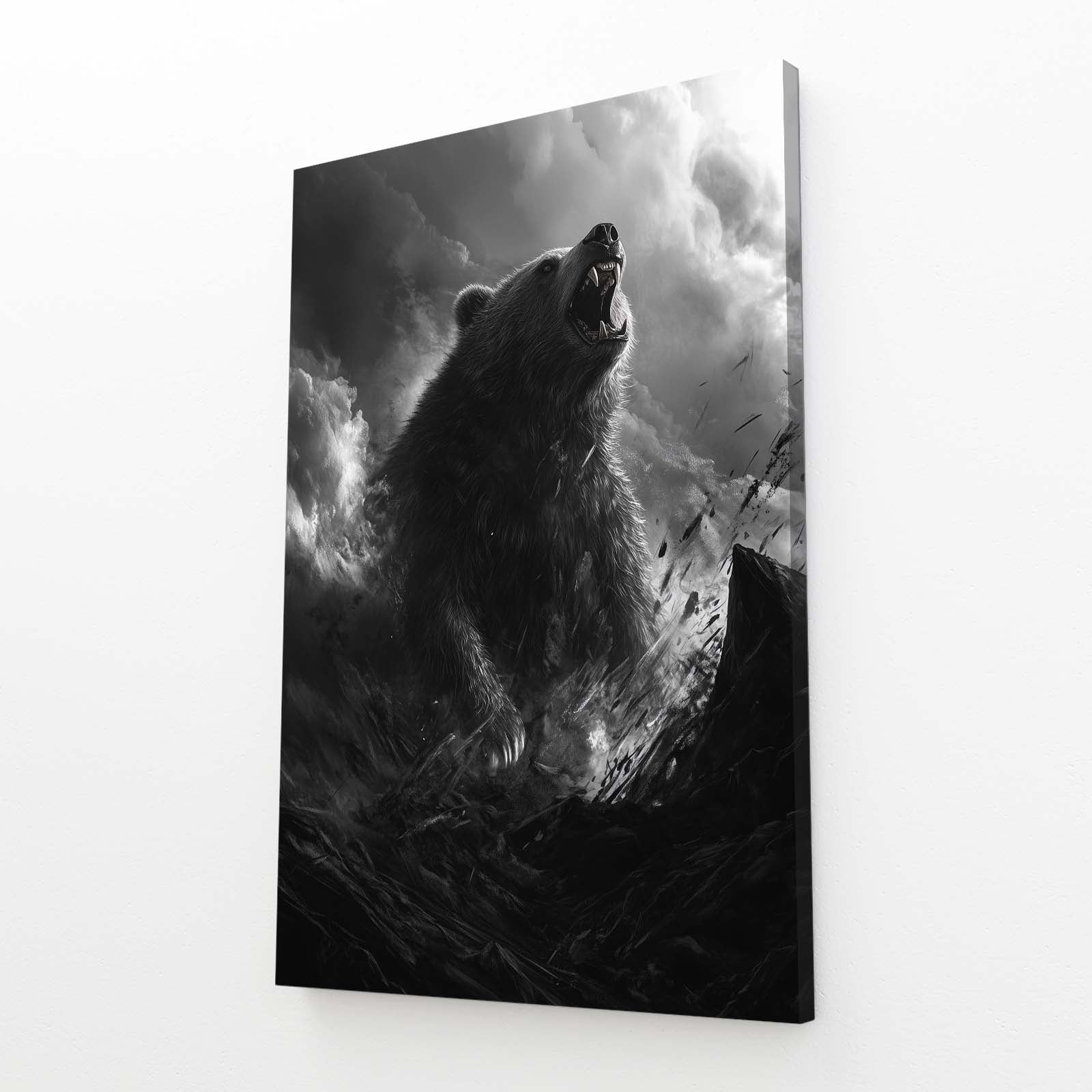 Misty Mountain Roar Bear Wall Decor — photography canvas print, angled canvas view on white background