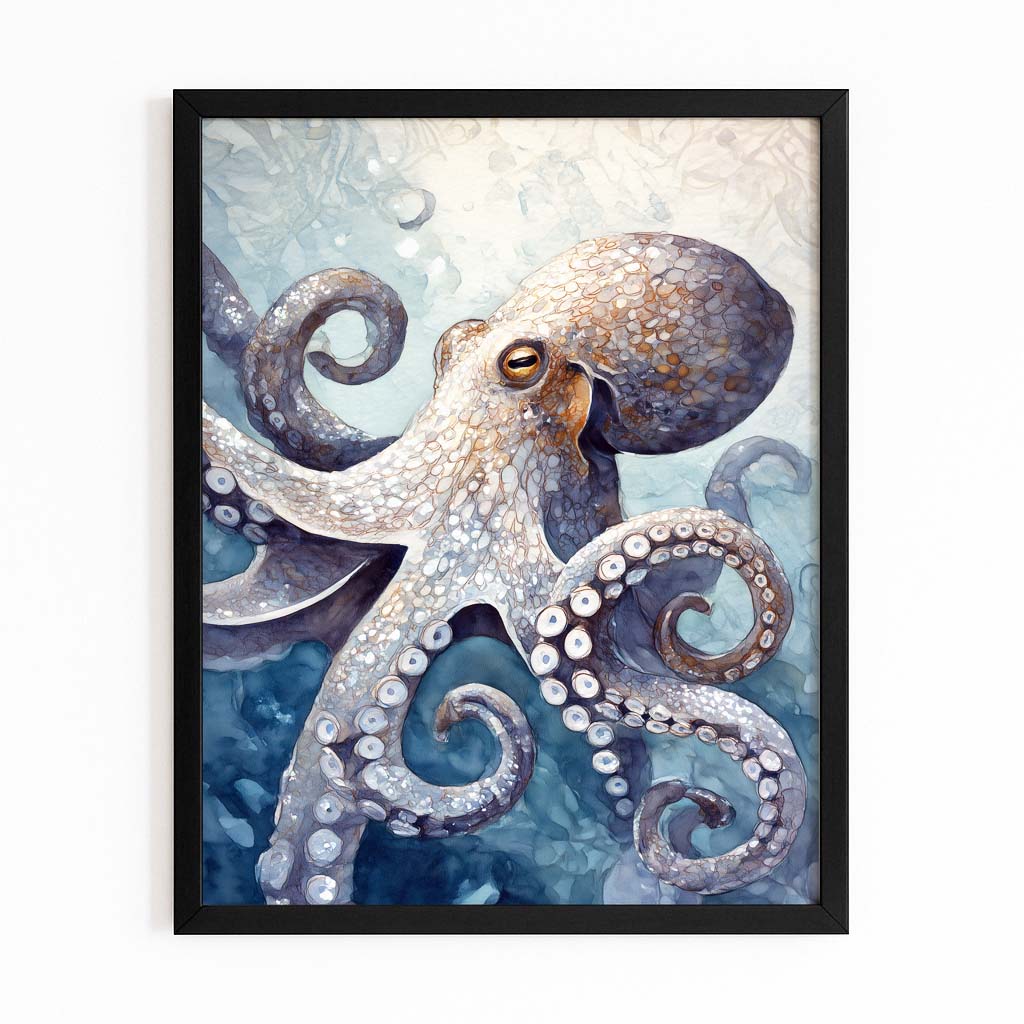 Misty Ocean Realism Octopus Prints – with Premium Black frame on white background