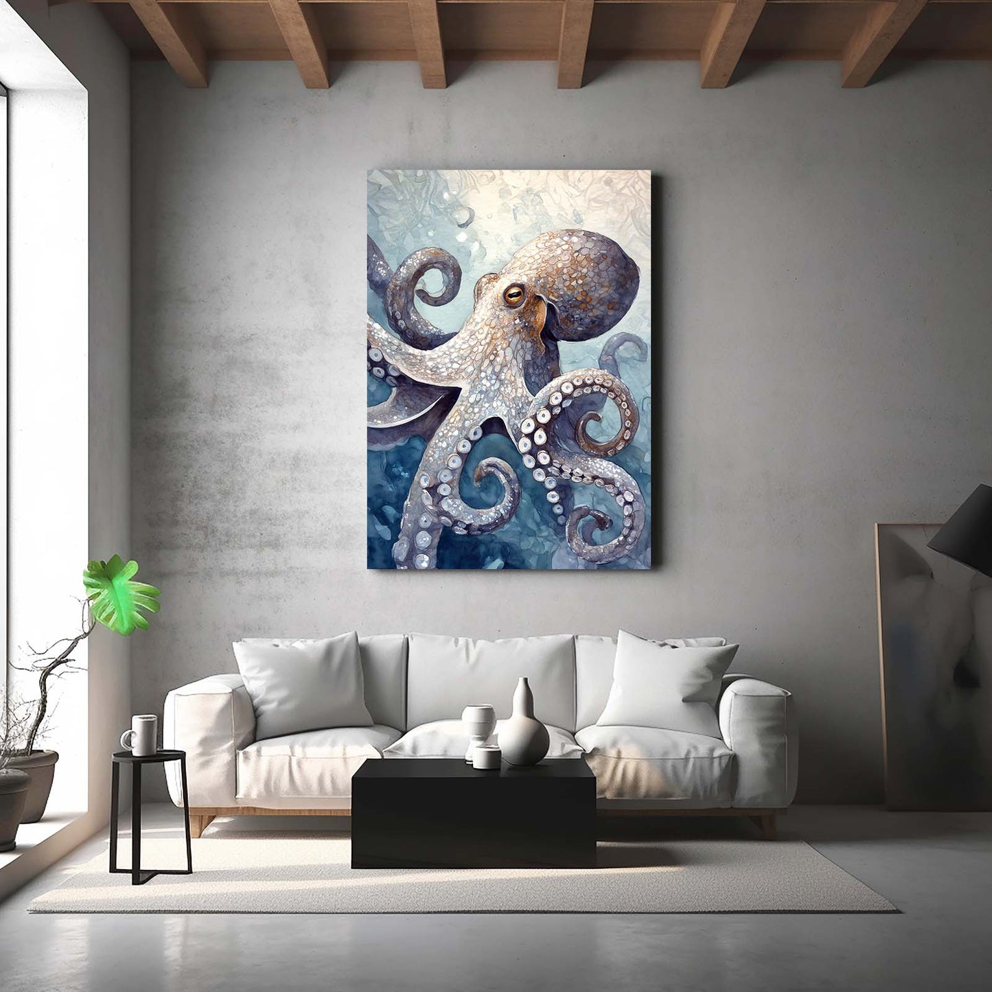 Misty Ocean Realism Octopus Prints – styled in a furnished interior