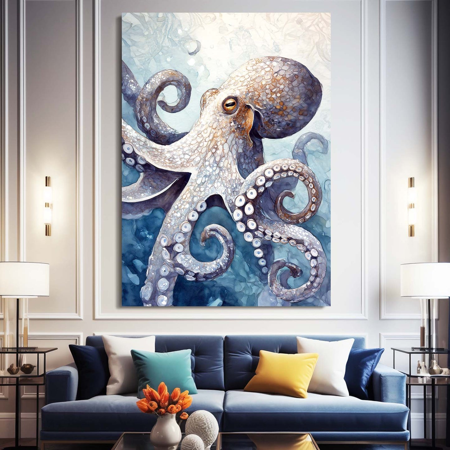 Misty Ocean Realism Octopus Prints – styled in a furnished interior
