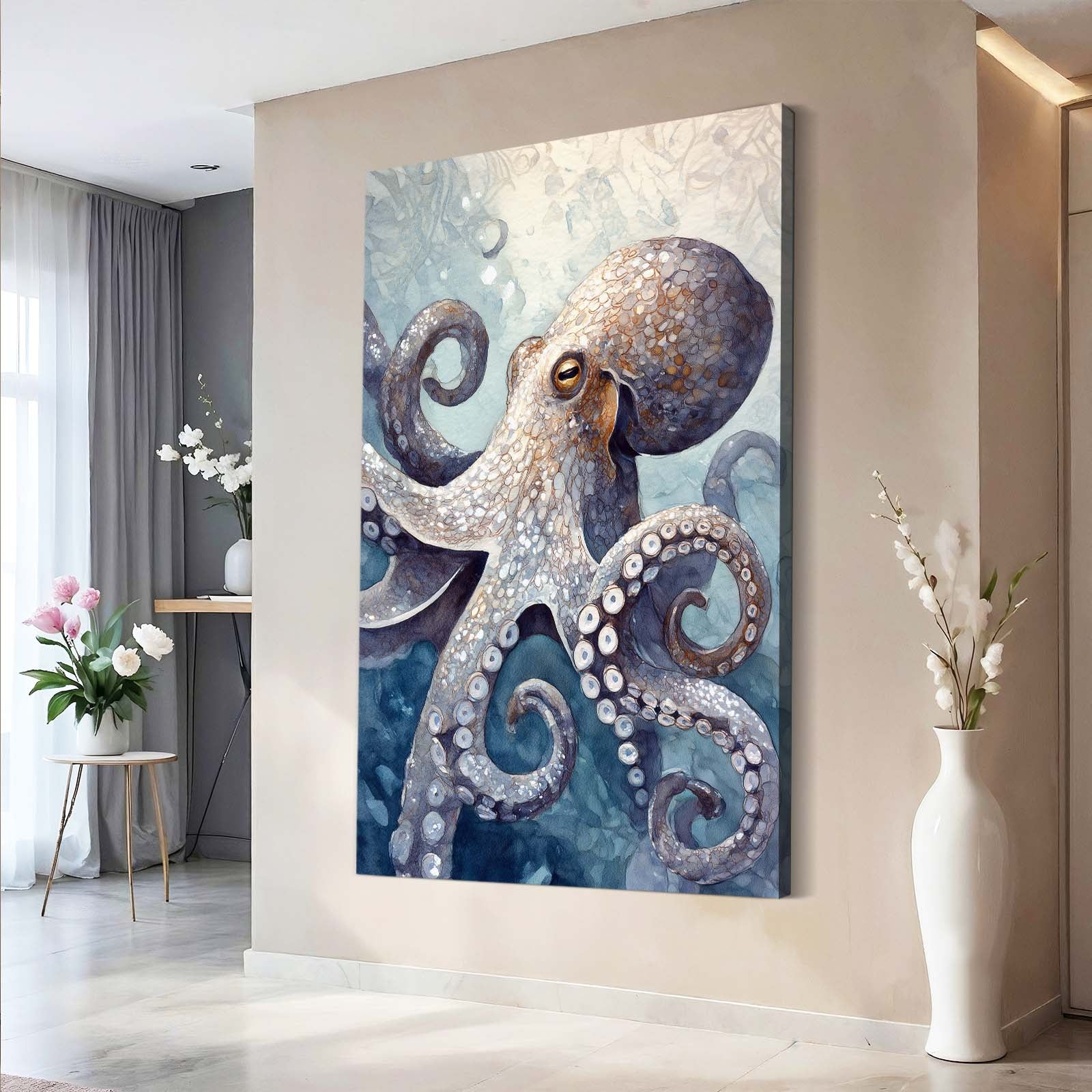 Misty Ocean Realism Octopus Prints – styled in a furnished interior
