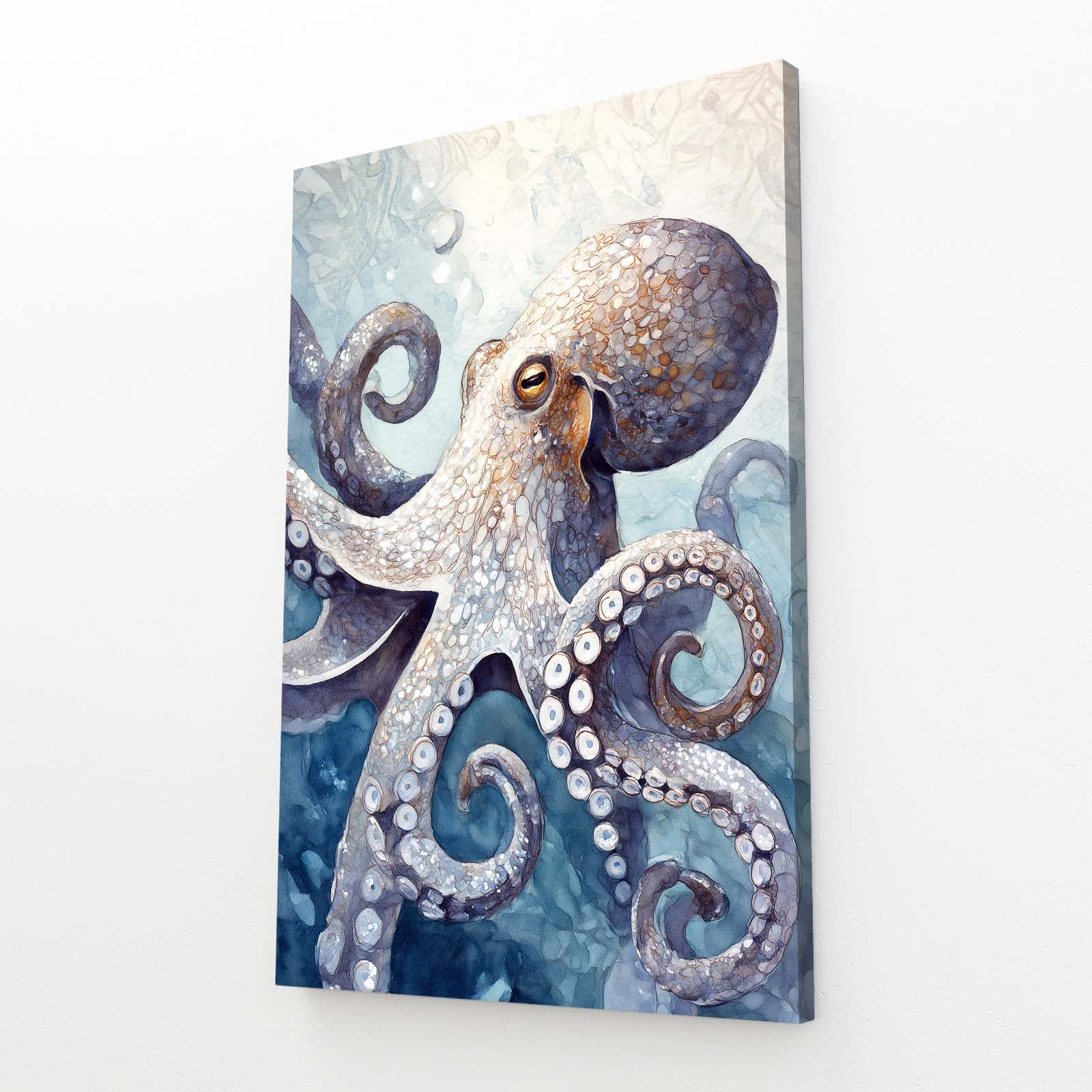 Misty Ocean Realism Octopus Prints – angled canvas view on white background