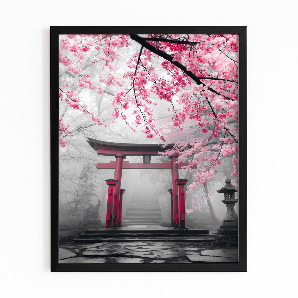Misty Torii Gate Cherry Blossom Art – with Premium Black frame on white background