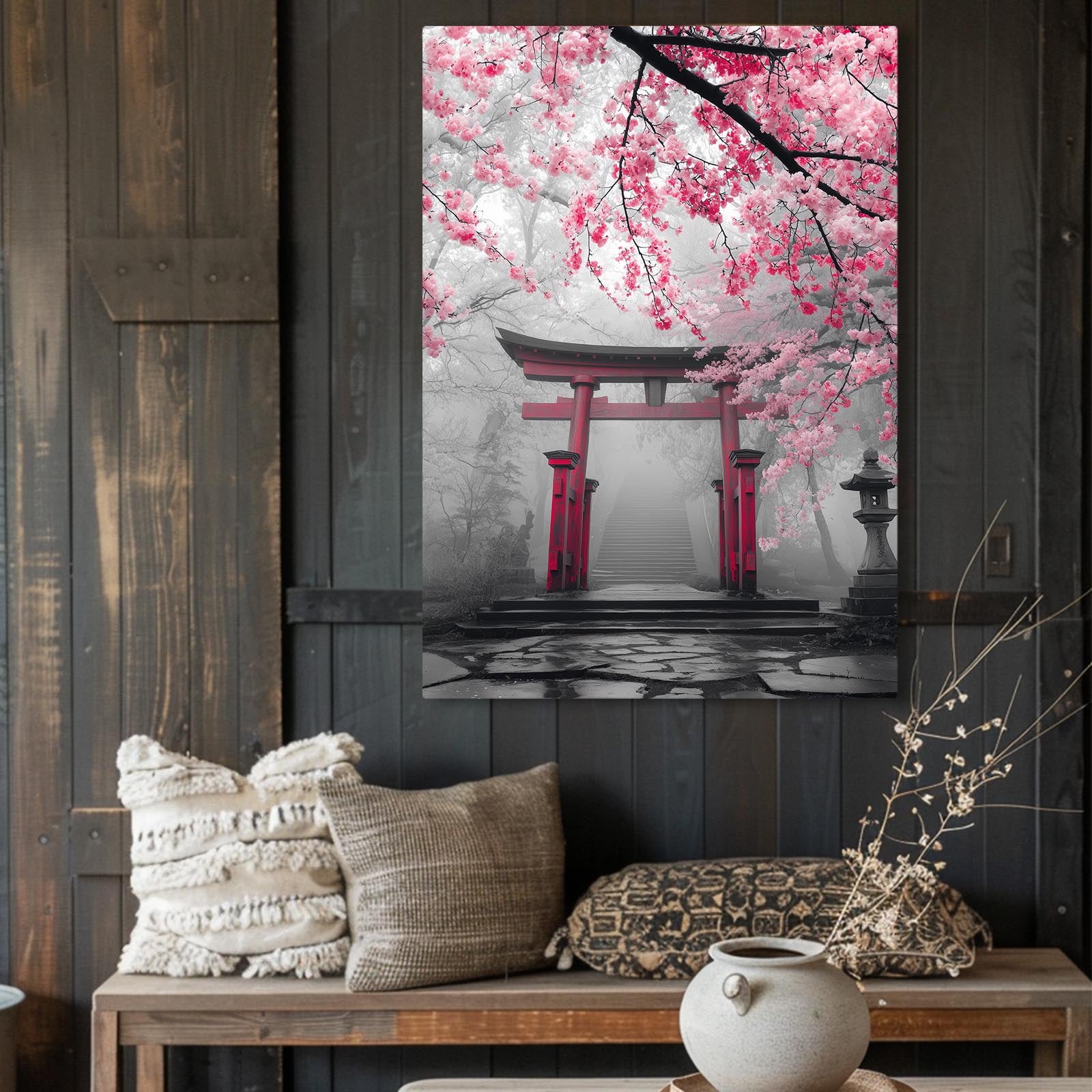 Misty Torii Gate Cherry Blossom Art – styled in a furnished interior