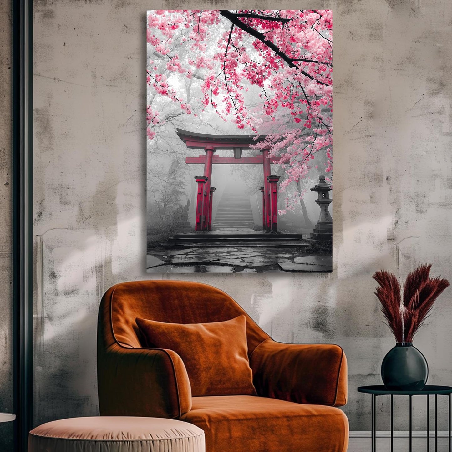 Misty Torii Gate Cherry Blossom Art – styled in a furnished interior