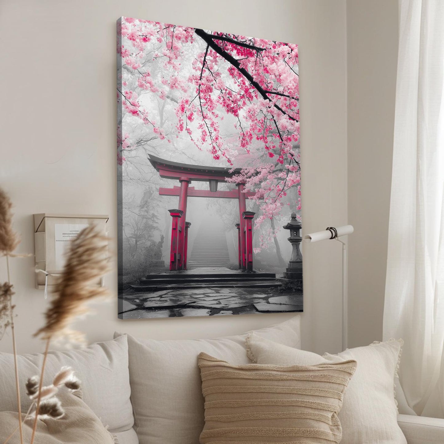 Misty Torii Gate Cherry Blossom Art – styled in a furnished interior