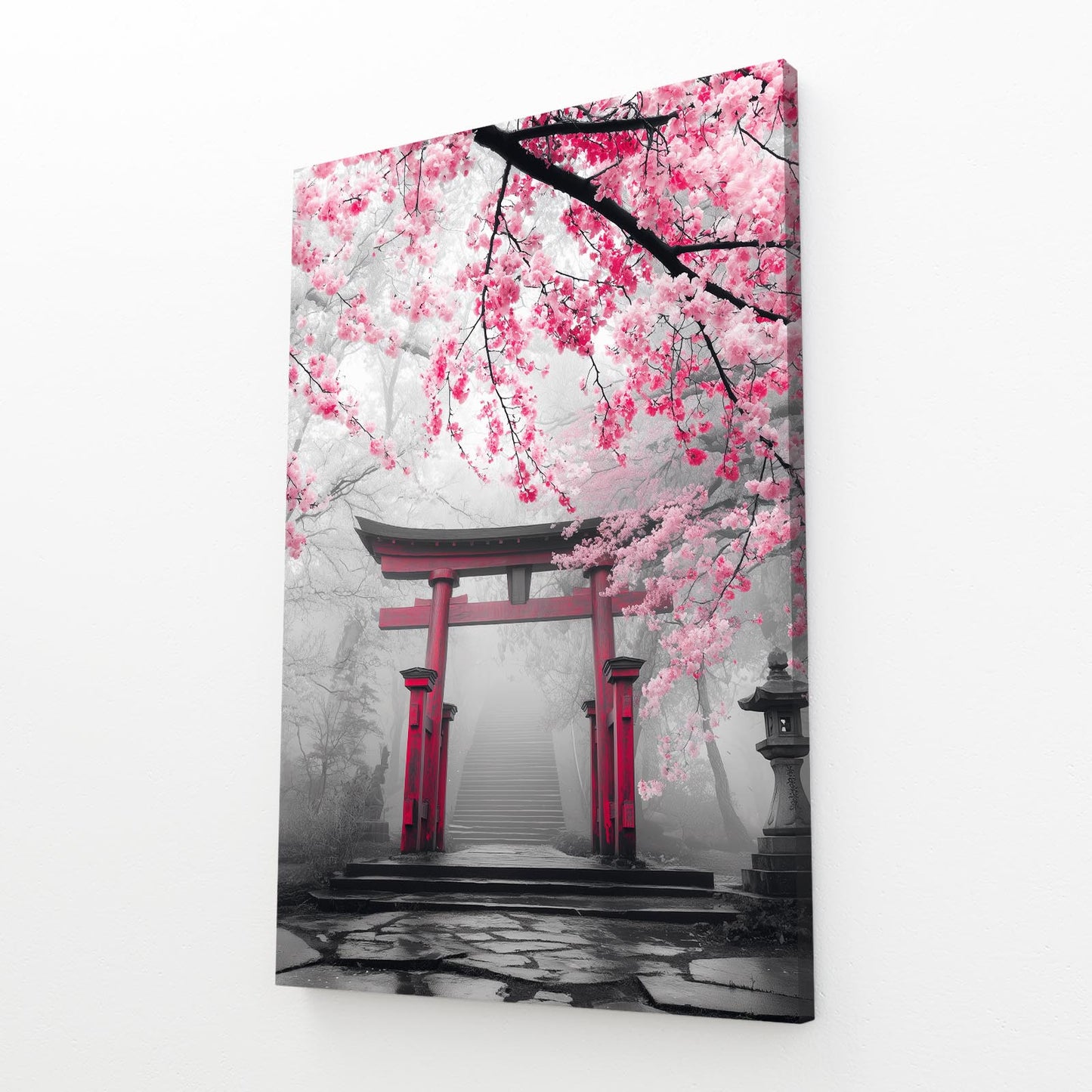 Misty Torii Gate Cherry Blossom Art – angled canvas view on white background